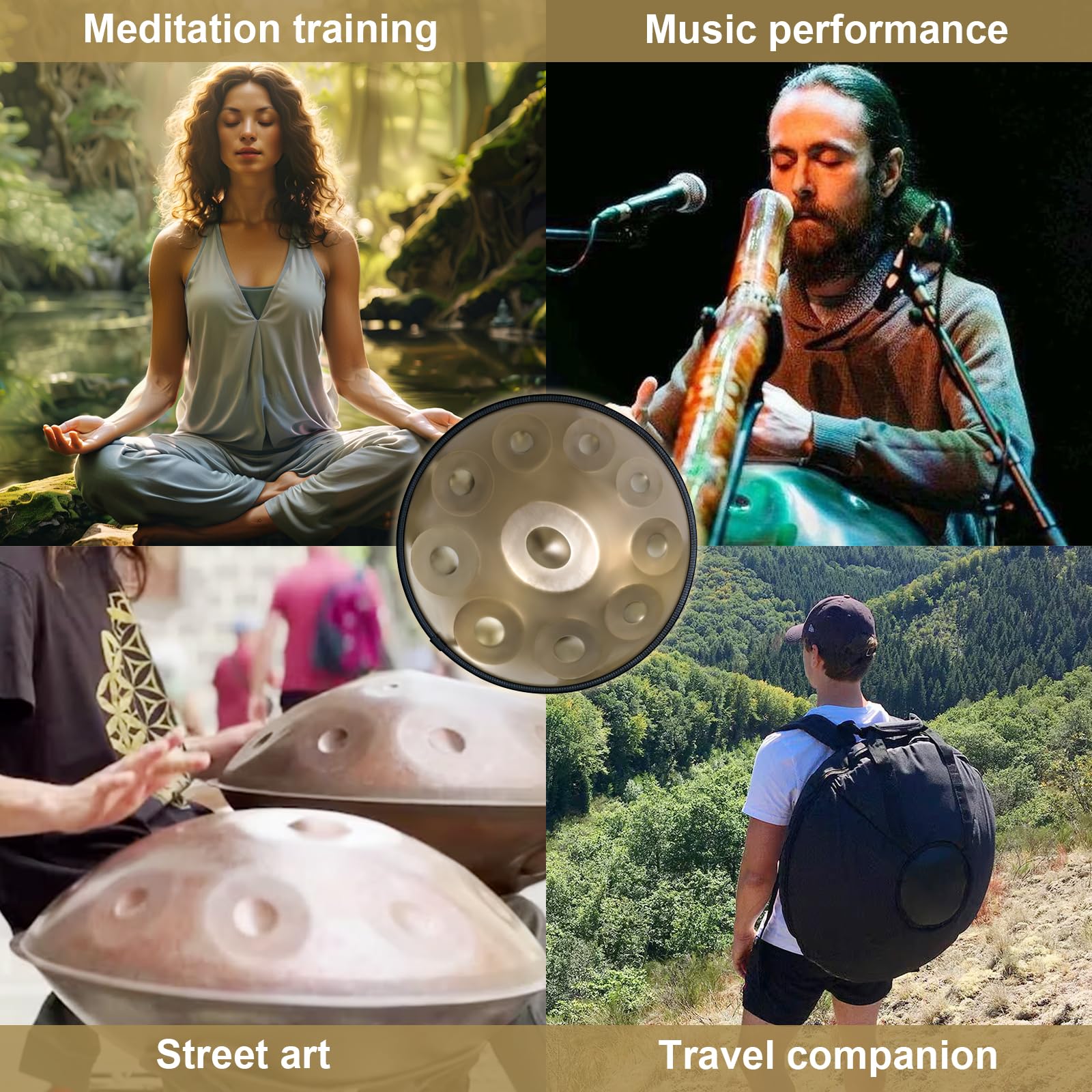 22 Inch Handpan Drum in D Minor Kurd Tuning - 432Hz 10-Note Premium Steel Hand Drum Instrument for Adults (Gold) | Perfect for Meditation, Yoga, Music Therapy & Outdoor Performances