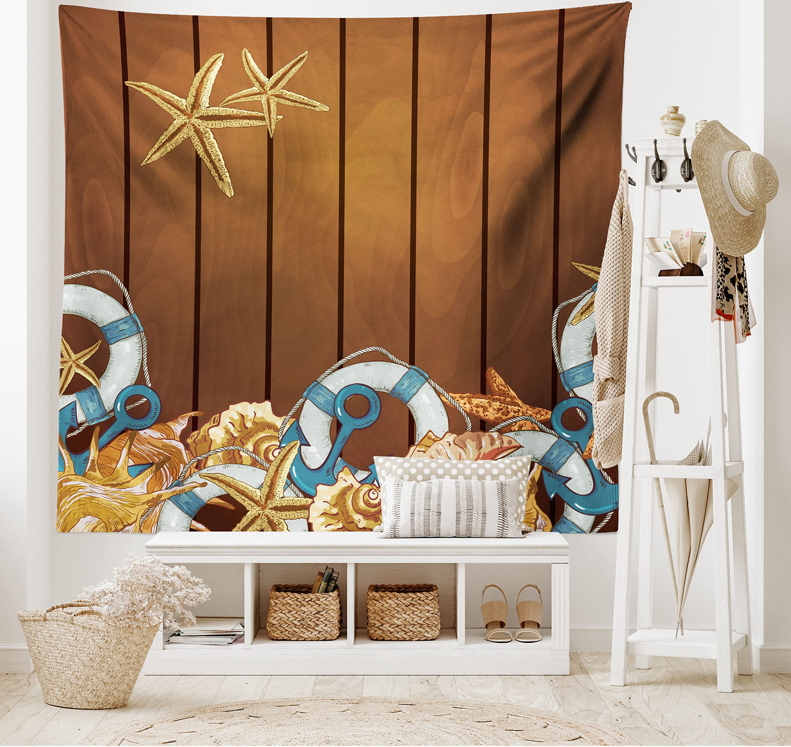 Ambesonne Nautical Tapestry - Seashells Anchors Starfish Design on Wooden Backdrop, Coastal Beach Theme Wall Hanging Decor for Bedroom, Living Room, Dorm (60x40 Inches, White & Brown) | Perfect for Beach House, Summer Decor & Boho Room Aesthetic
