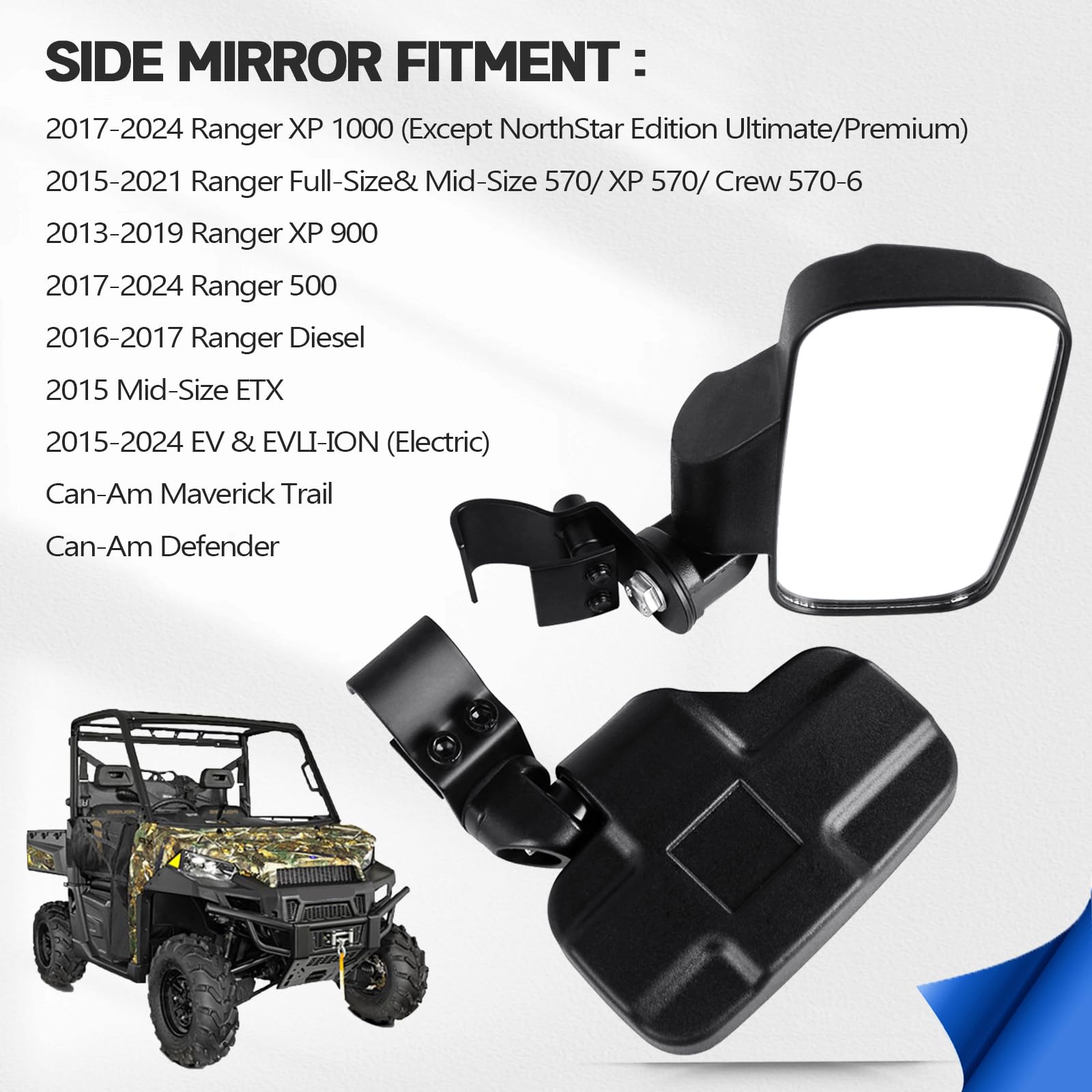 UTV Rear Side View Mirrors for 2015+ Polaris Ranger 570 900 XP 1000 & Can-Am Defender - Breakaway Design, Pro-Fit Cage Compatible (Driver & Passenger Side) - Perfect for Off-Roading, Hunting & Farm Work