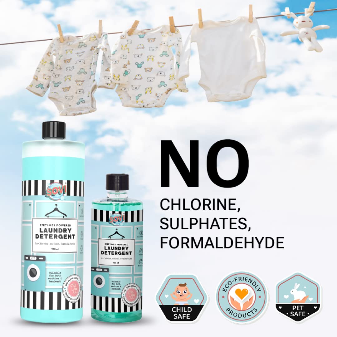 SOVI Bio Enzyme Liquid Laundry Detergent - Eco-Friendly & Biodegradable for Front Load & Top Load Washing Machines (950ml) - Fresh Clean Scent - Ideal for Sensitive Skin & Sustainable Home Cleaning
