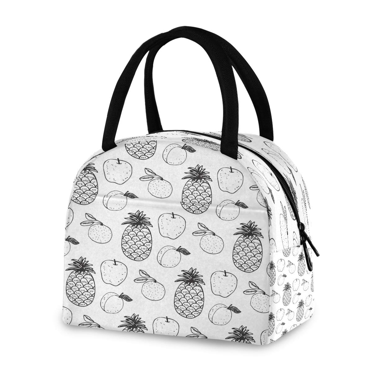 Blueangle Insulated Lunch Bag for Women & Men - Black & White Pineapple Pear Design, Leakproof Lunch Box Tote for Office, Beach, Picnic, Fishing & Outdoor Activities | Perfect for Work, School & Travel