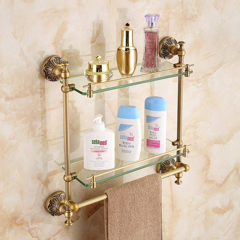 Vintage 2-Tier Solid Brass Wall-Mounted Bathroom Shelf with Glass Shelves - Antique Corner Storage Rack for Towels, Cosmetics & Toiletries - Perfect for Small Bathroom Organization & Vintage Decor