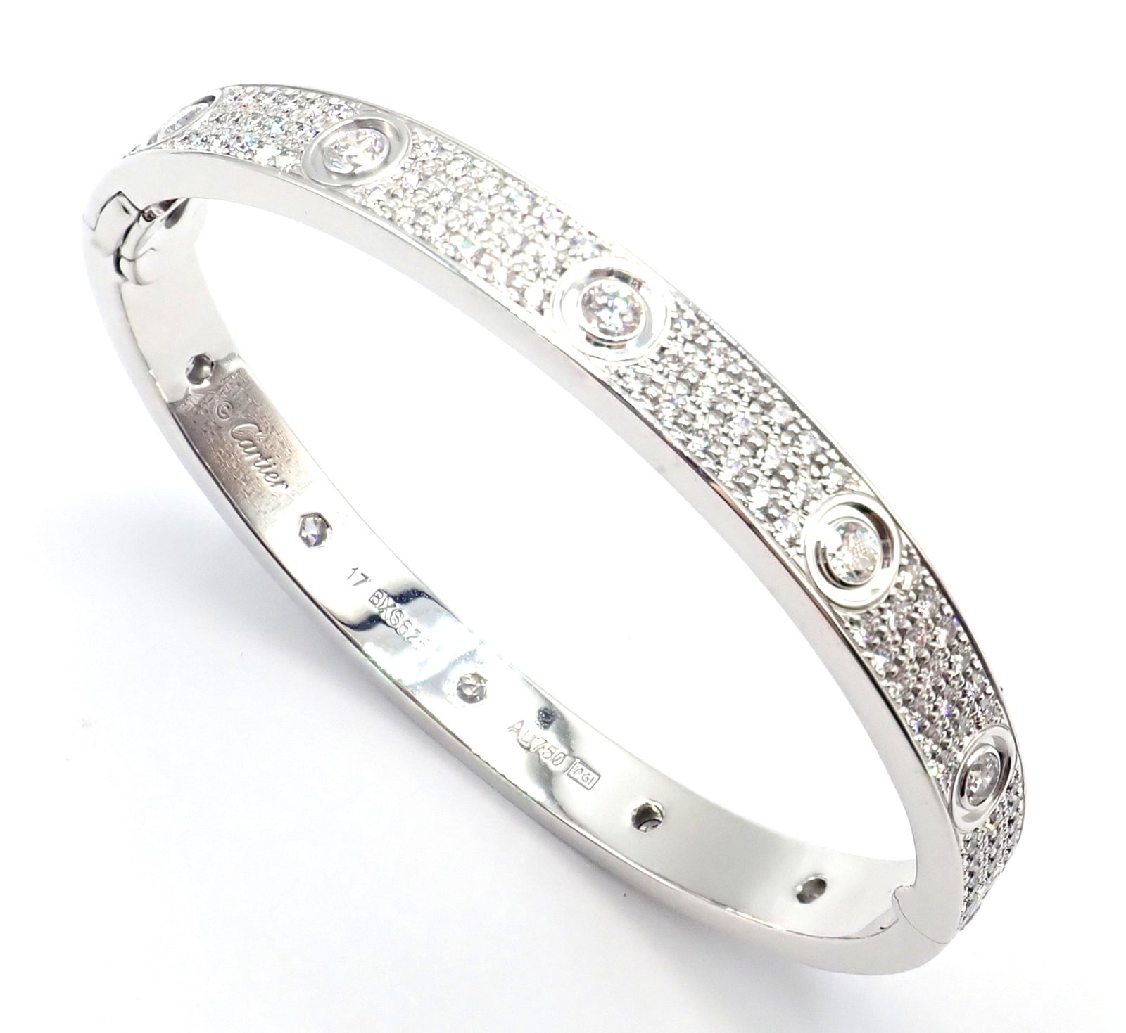 Authentic Cartier Love 18K White Gold Diamond Pave Bangle Bracelet Size 17 - Luxury Jewelry Gift for Women, Anniversary & Special Occasions