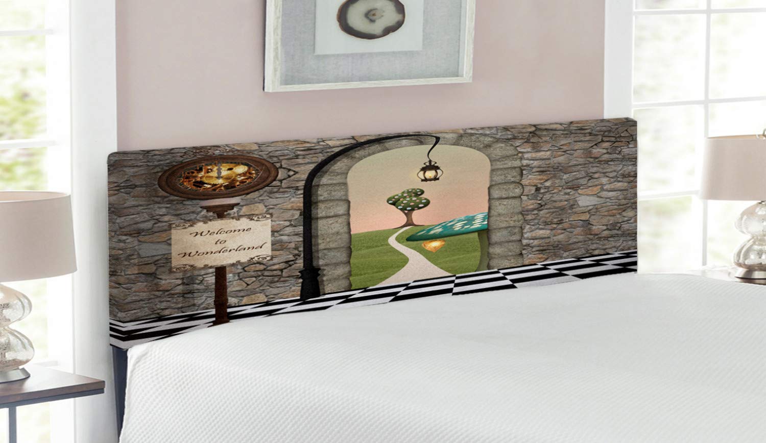Ambesonne Alice in Wonderland Queen Size Headboard - Black & White Mushroom Print Upholstered Metal Bed Frame with Memory Foam | Fantasy Themed Bedroom Decor for Kids & Adults | Perfect for Whimsical Bedroom Makeovers