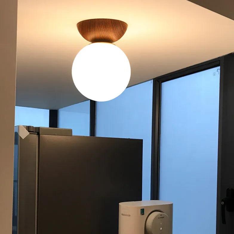 White Glass Globe Corridor Ceiling Light Fixture - Modern Round Pendant Lighting for Hallway, Entryway, Staircase & Foyer