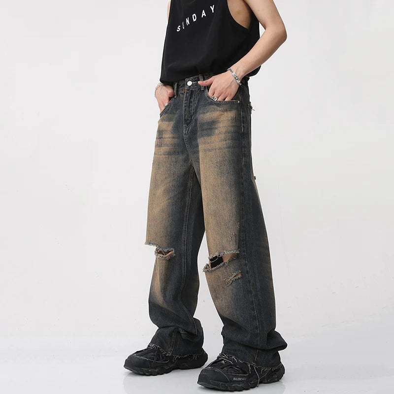 Vintage American Style High Waist Men's Jeans - Wide Leg Denim Pants with Gradient Wash | Straight Fit Summer Casual Trousers for Streetwear Fashion (Style 9A8592) | Perfect for Urban Outfits, Music Festivals & Retro Looks