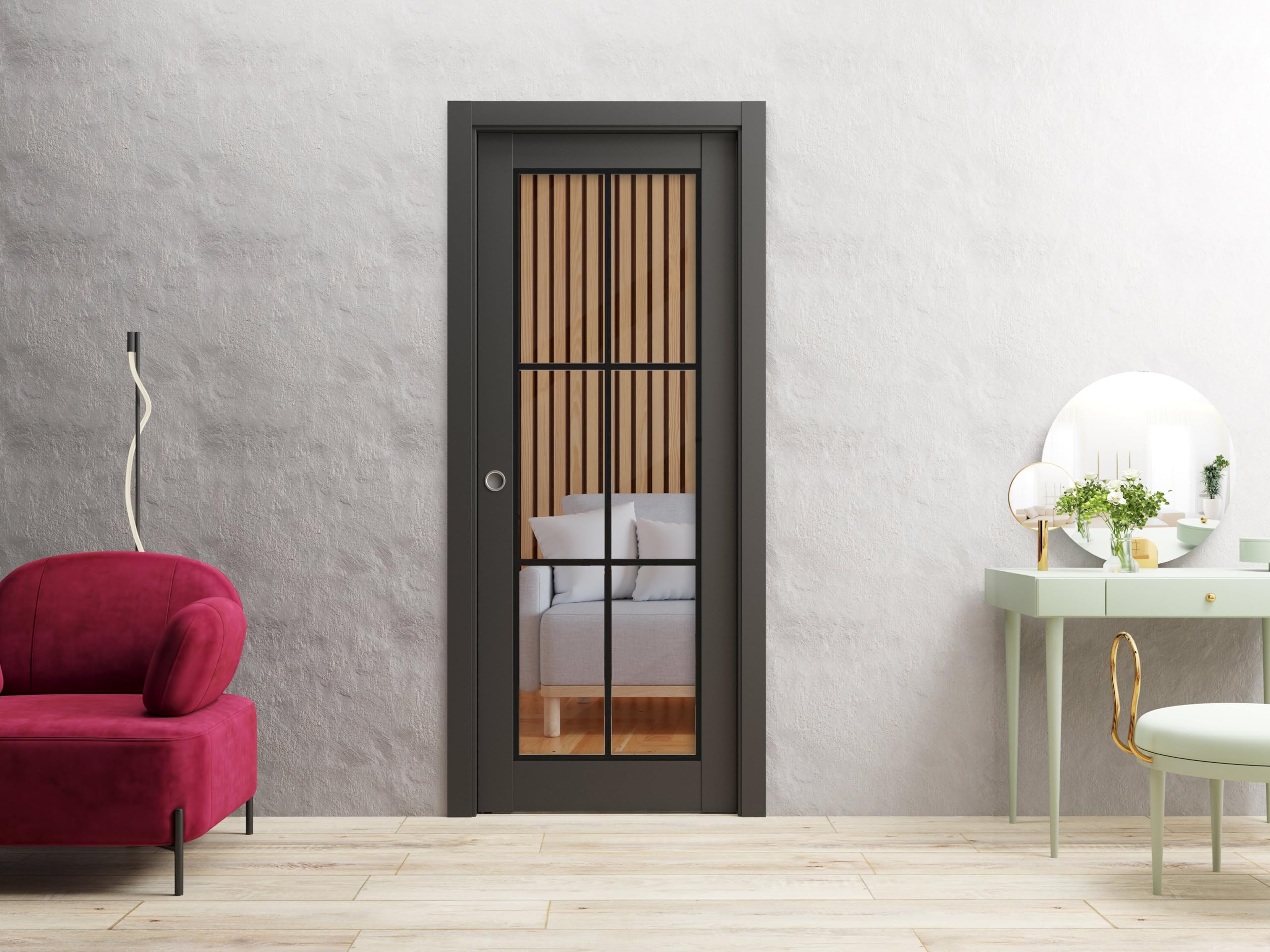 Lucia 2366 Matte Black Slab Barn Door with Clear Glass Panel - Premium Sturdy Sliding Closet Doors for Bedroom, Bathroom & Home Office