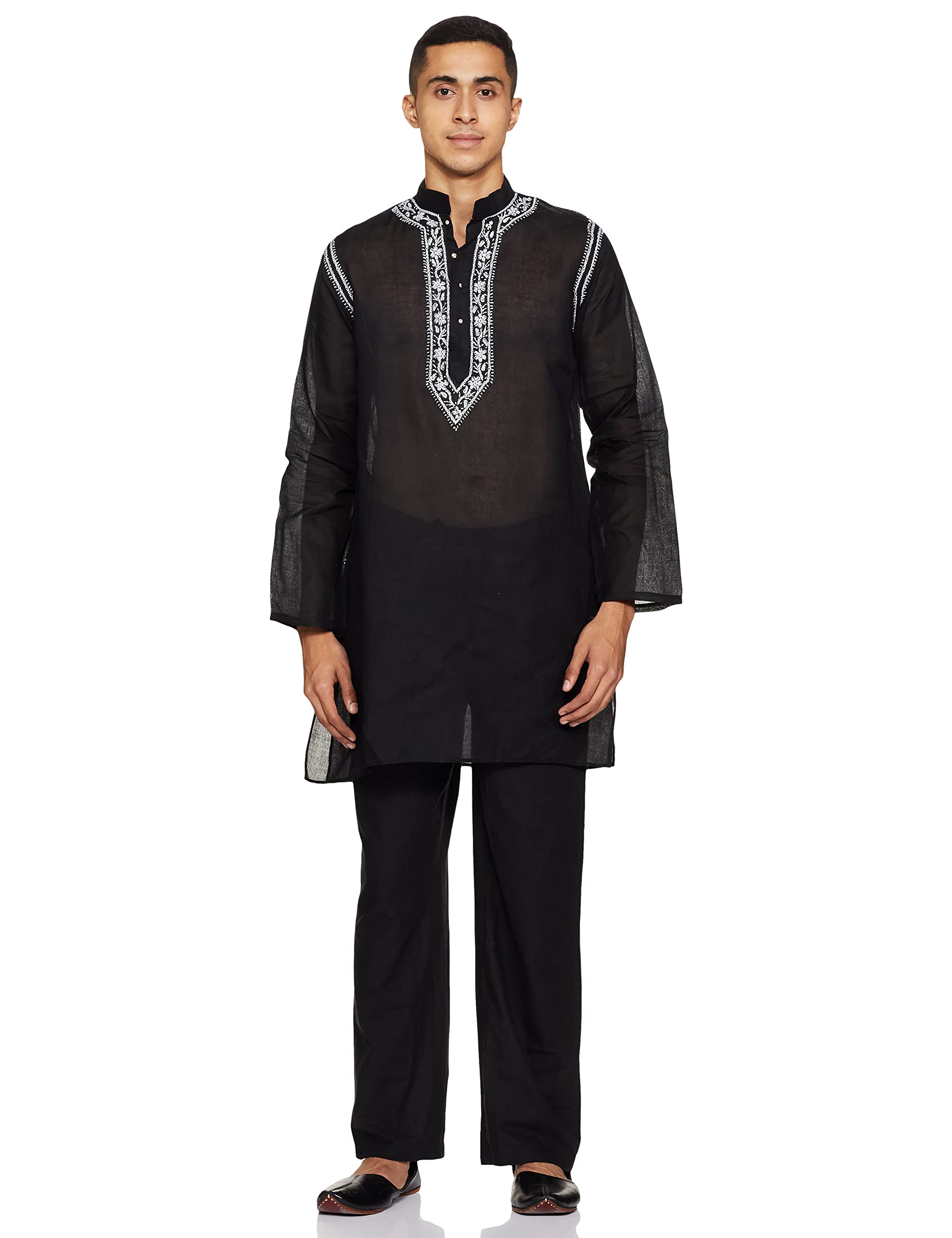 Stylish Black Kurta Pajama Set with Lucknavi Neck Embroidery | Traditional Indian Ethnic Wear for Men | Perfect for Weddings, Festivals & Cultural Events
