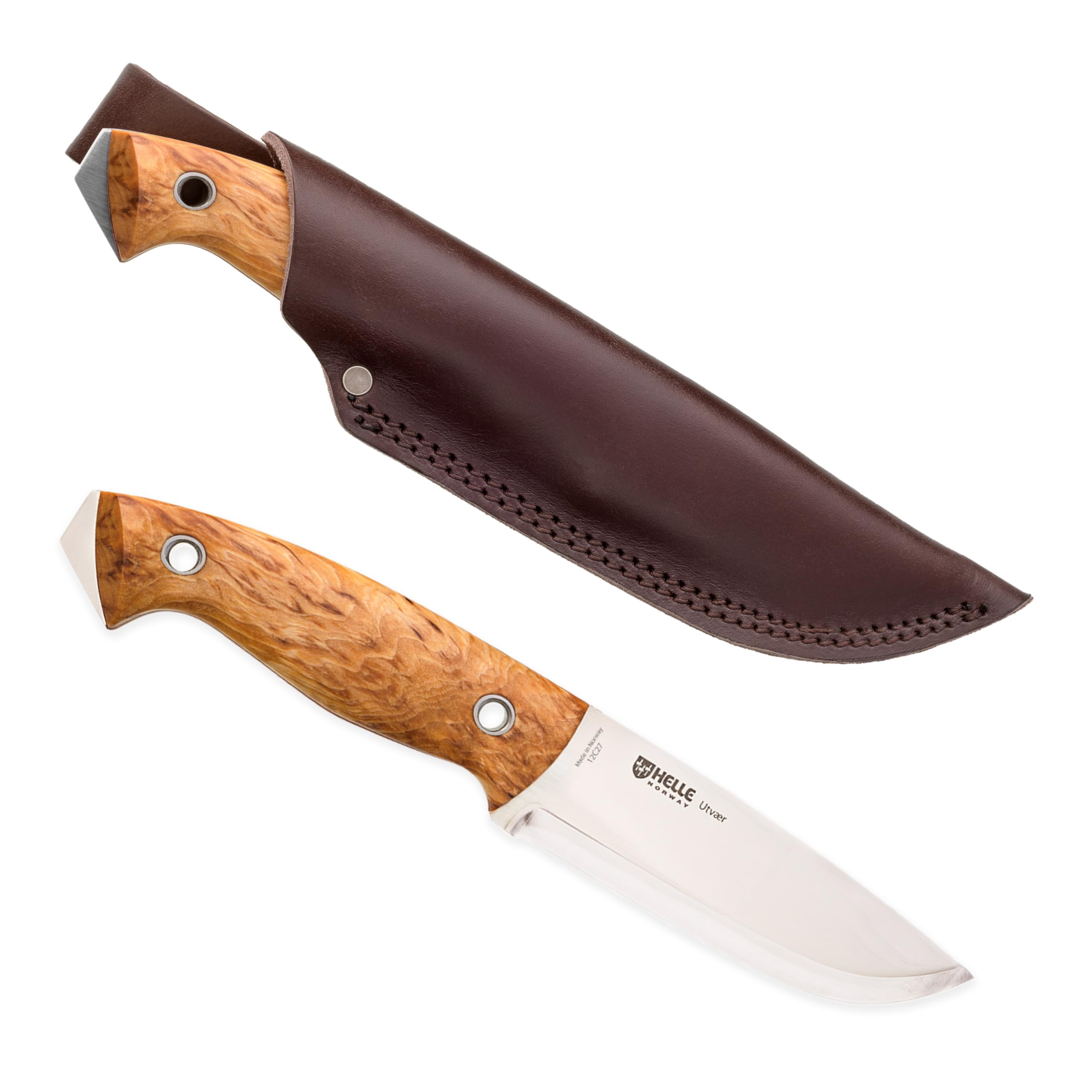 HELLE Utvaer Outdoor Hunting and Camping Knife - Full Tang Stainless Steel Fixed Blade with Sheath, Curly Birch and Vulcan Fiber Handle by Jesper Voxnaes - Perfect for Bushcraft, Survival, and Wilderness Adventures