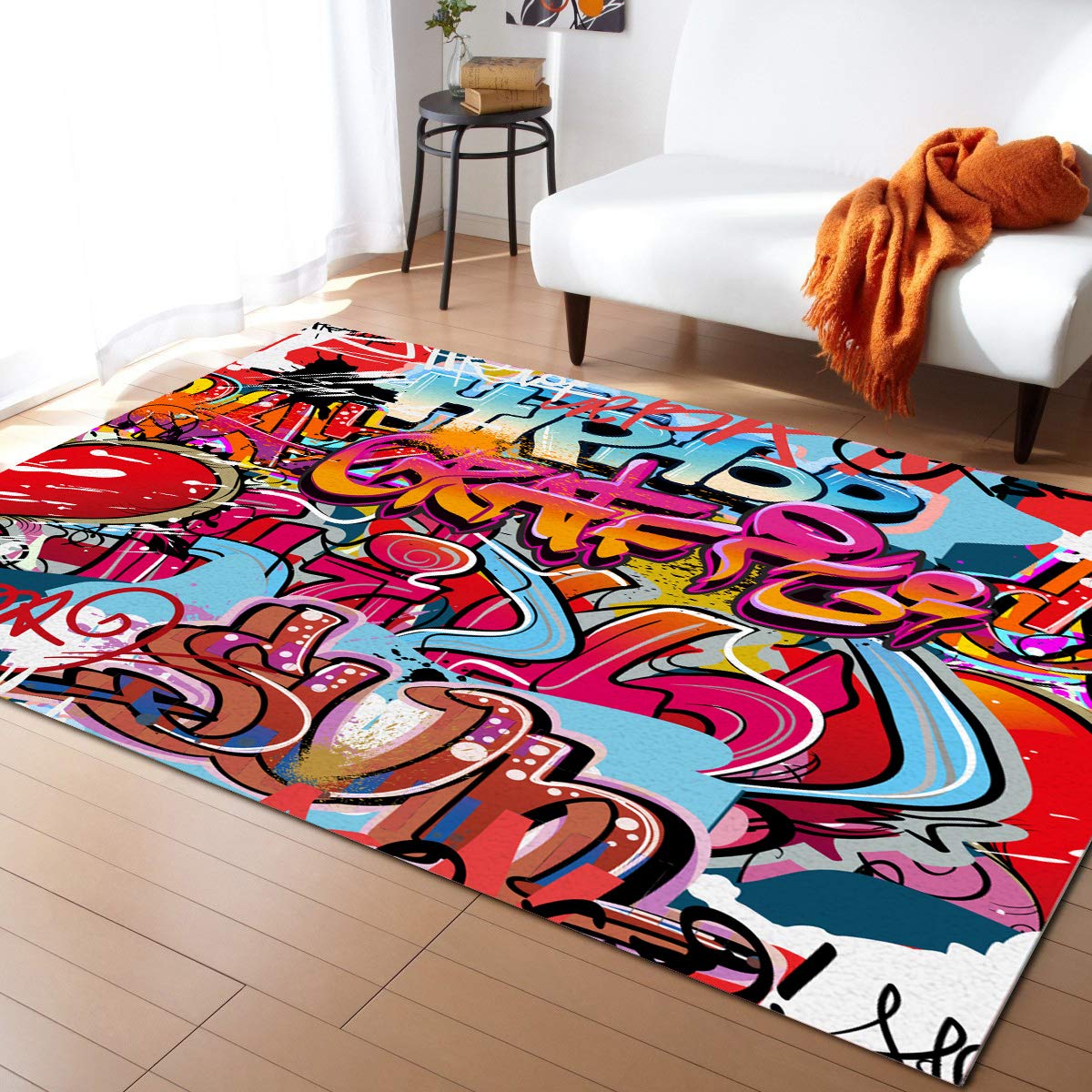 5' x 7' Modern Graffiti Art Area Rug - Hip Hop Street Culture Harlem NYC Spray Art Throw Carpet for Bedroom, Nursery & Kitchen - Non-Slip Floor Mat for Kids Room, Dorm & Living Space