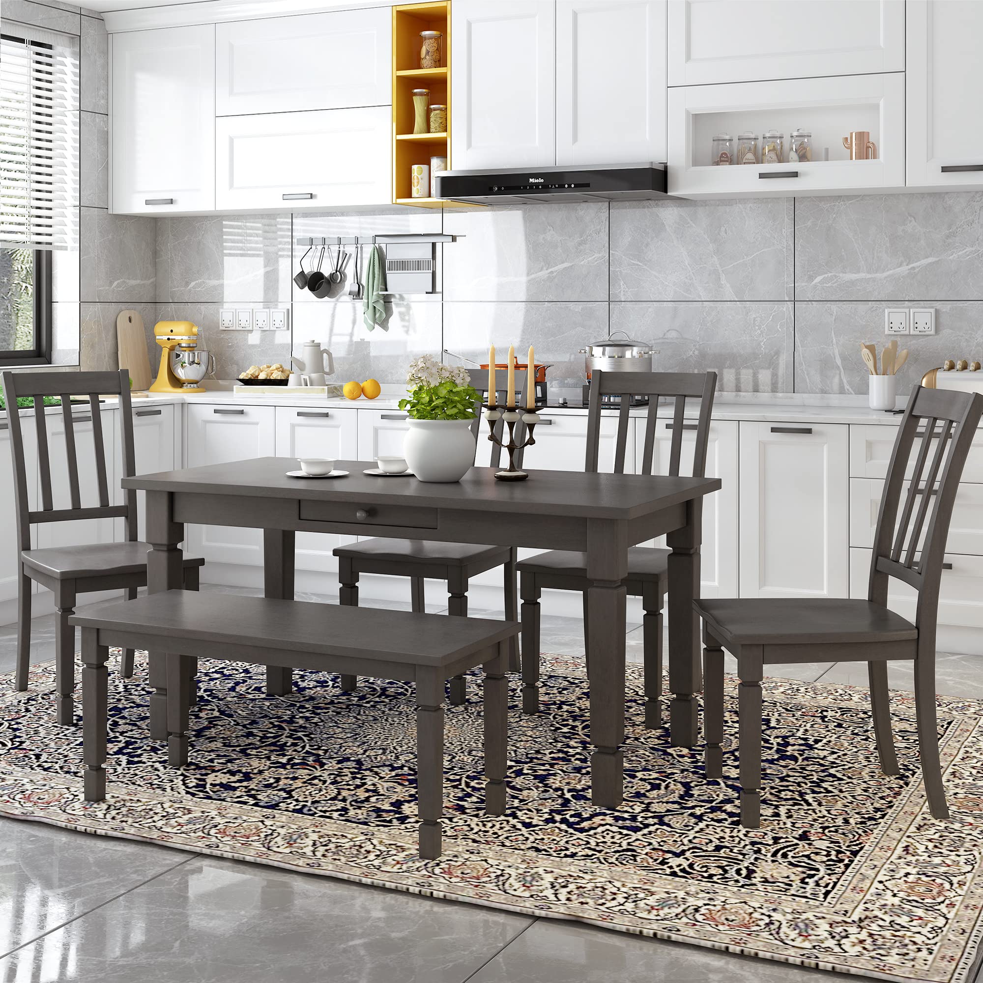 6-Piece Neoclassical Dining Room Table Set with Rectangular Table, 4 Chairs & Bench - Gray with Drawers | Elegant Home Dining Furniture for Family Gatherings & Dinner Parties