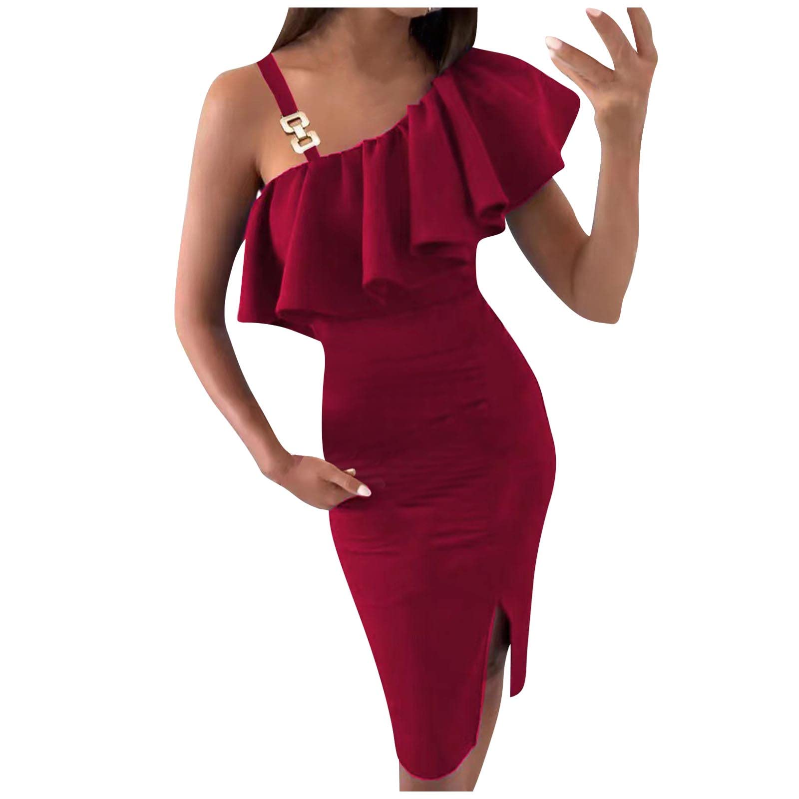 Sexy Women's Summer Sleeveless Wrap Dress - Ruffled Sloping Shoulder, High Slit Pencil Dress for Slimming & Bodycon Look | Perfect for Date Night, Cocktail Parties & Beach Vacations