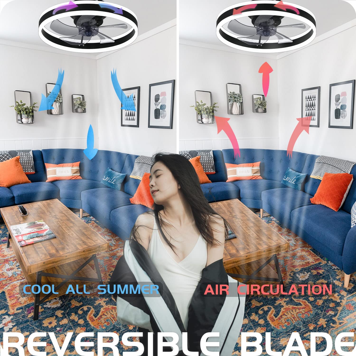 Bladeless Ceiling Fan with LED Lights & Bluetooth Speaker - Quiet, Low Profile, Smart App & Remote Control, Stepless Dimming, 3 Color Options, 6 Speed Settings, Reversible, 19.7 Inch - Perfect for Bedroom, Living Room, and Office Spaces