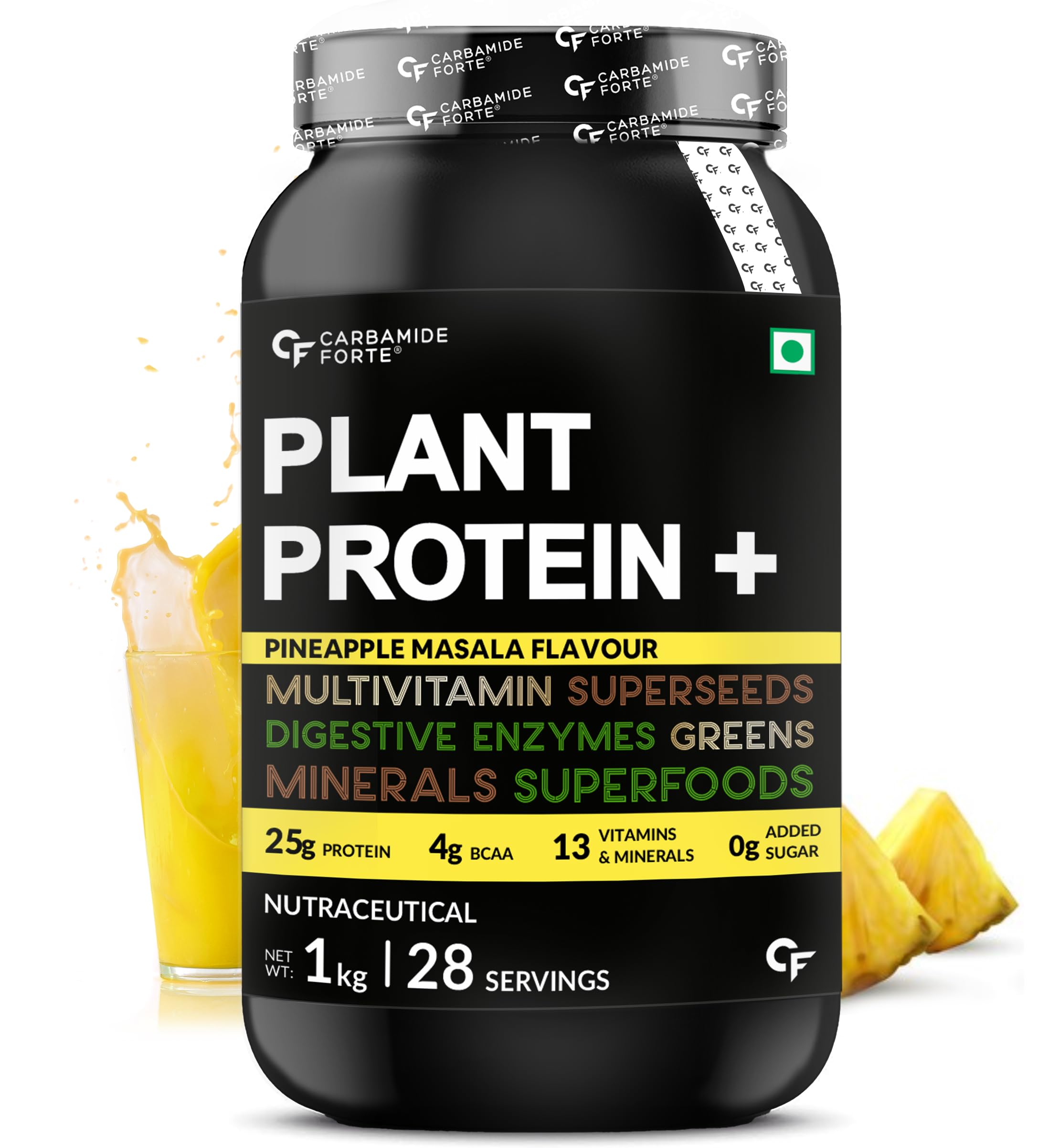 Vegan Protein Powder with Pea Protein, Multivitamins, Minerals & Superfoods | Plant-Based Protein Supplement with Digestive Enzymes | Pineapple Masala Flavor | 1Kg Pack | Ideal for Post-Workout Recovery & Healthy Lifestyle