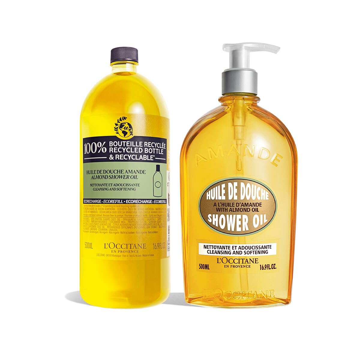 L'Occitane Almond Shower Oil Refill Duo - 2 Pack Moisturizing Body Wash for Dry Skin | Luxurious Bath & Shower Essential for Spa-Like Experience at Home