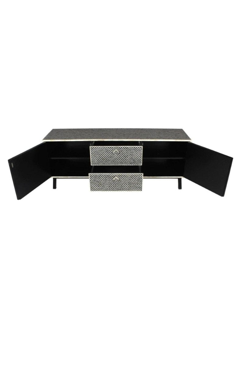 Handmade Bone Inlay Media Console TV Stand - Vintage Boho Entertainment Unit for Living Room, Bedroom & Home Theater