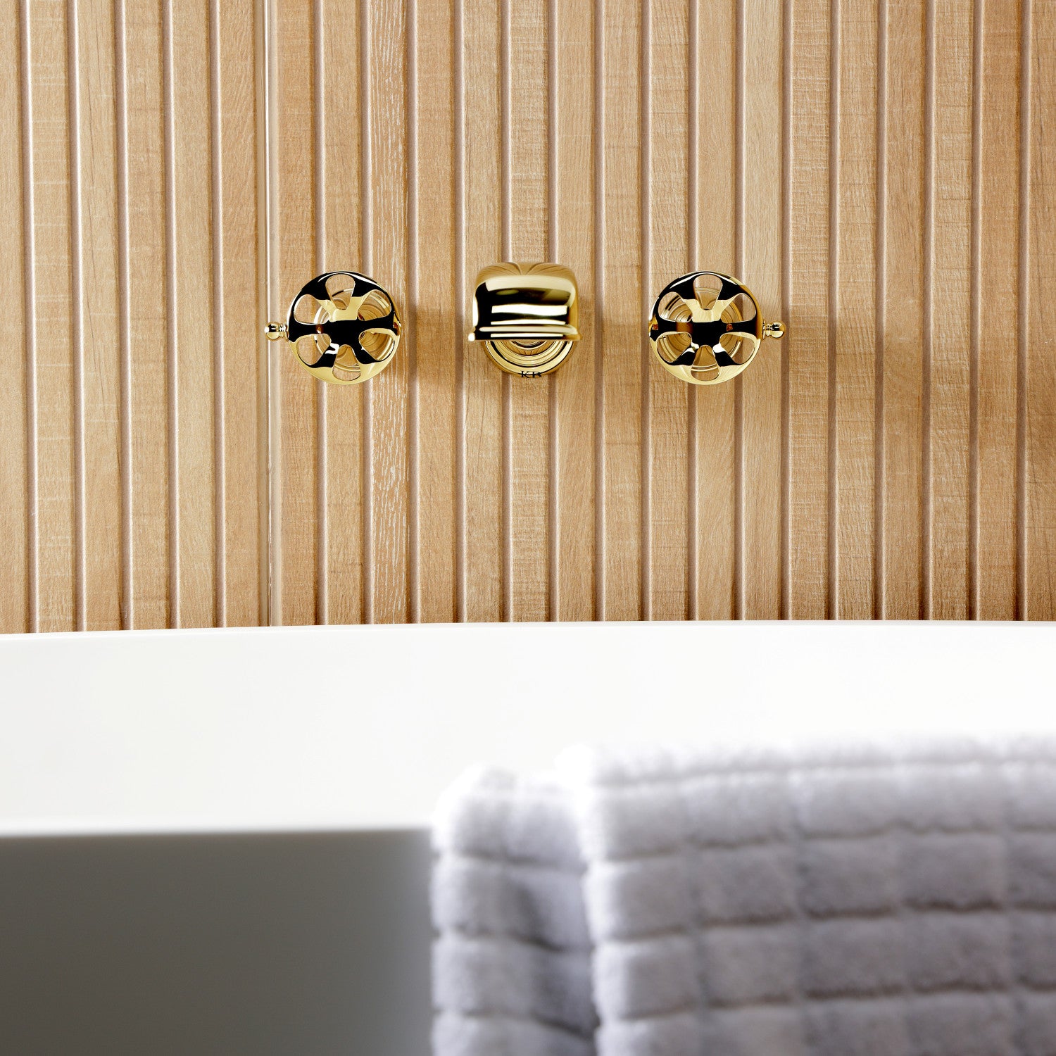Belknap KS5022RX 3-Hole Wall Mount Roman Tub Faucet with Two Handles - Polished Brass Finish for Bathroom & Spa - Perfect for Freestanding Tubs, Luxury Bathrooms & Home Renovations