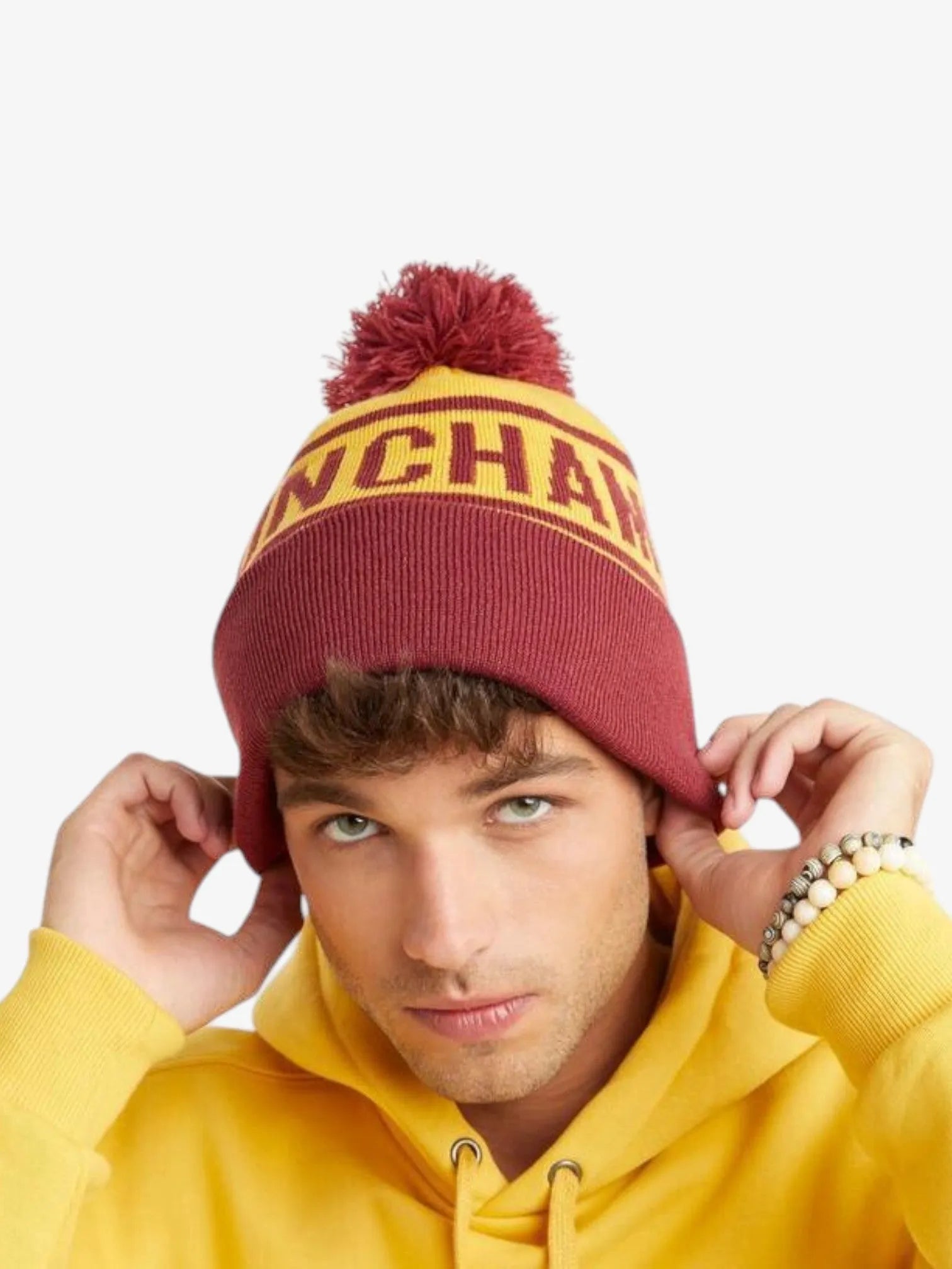 Champion Beanie with Cuff and Pom - Burgundy & Yellow Knit Winter Hat for Men & Women - Perfect for Skiing, Snowboarding & Cold Weather Activities
