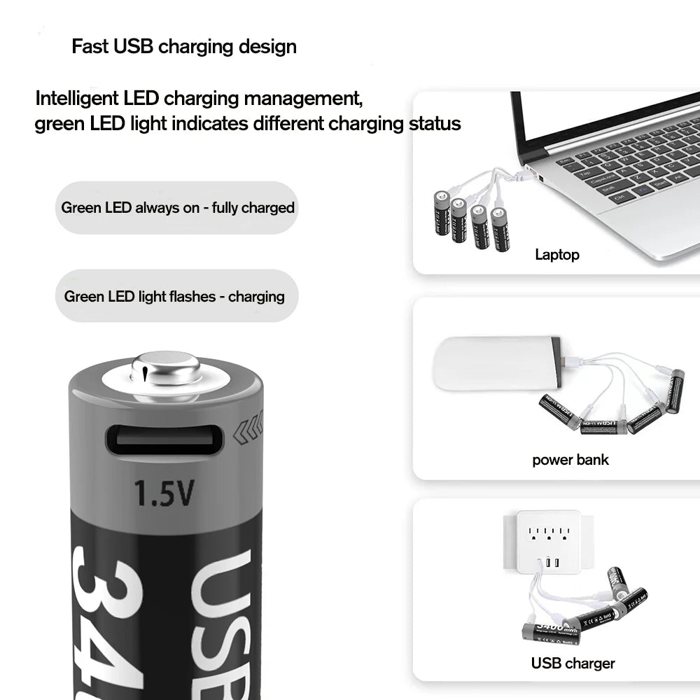 MATOV USB Rechargeable AA & AAA Lithium Ion Batteries - 3400mWh 1.5V AA Battery + 1100mWh 1.5V AAA Battery Pack for Cameras, Flashlights, Toys & Electronics