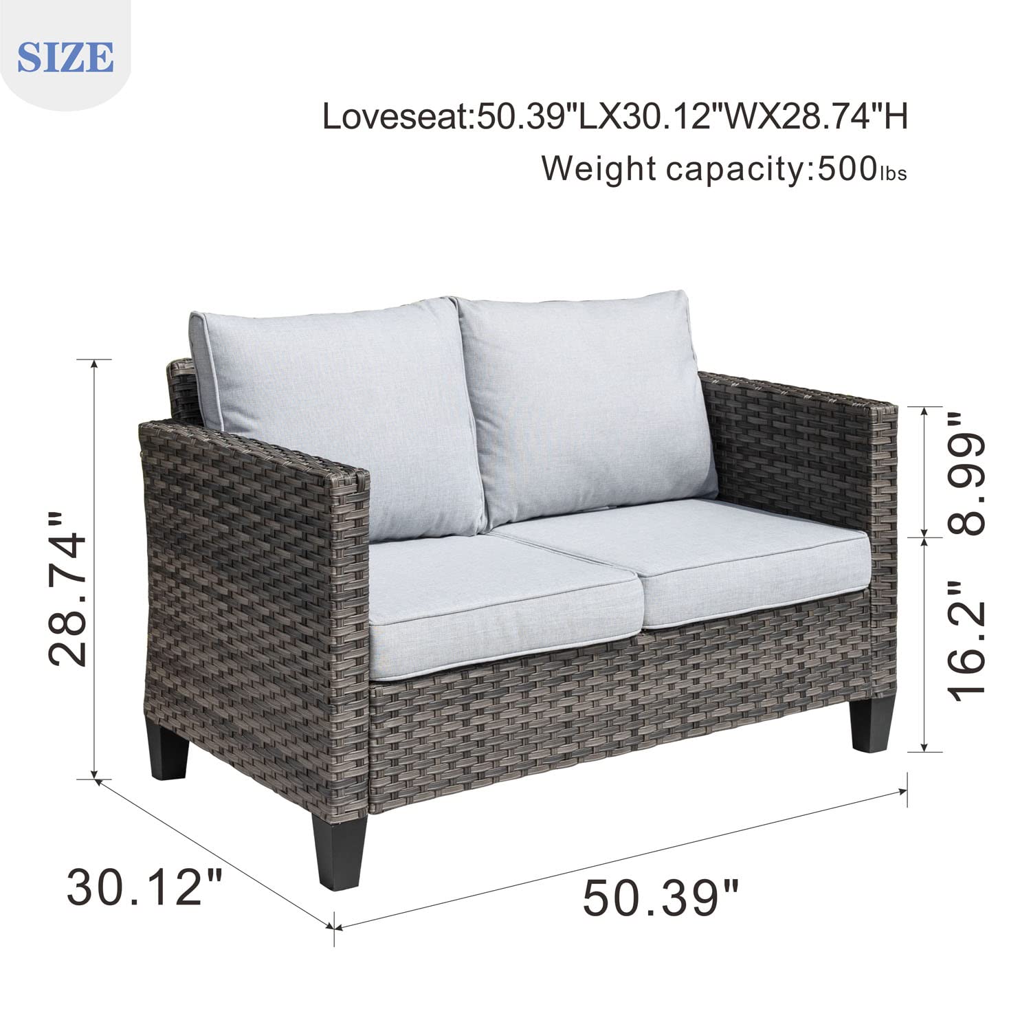 Outdoor Wicker Loveseat Sofa 2-Seater All-Weather Rattan Patio Furniture with High Back & Cushions - Grey - Perfect for Garden, Deck, Porch & Backyard Relaxation