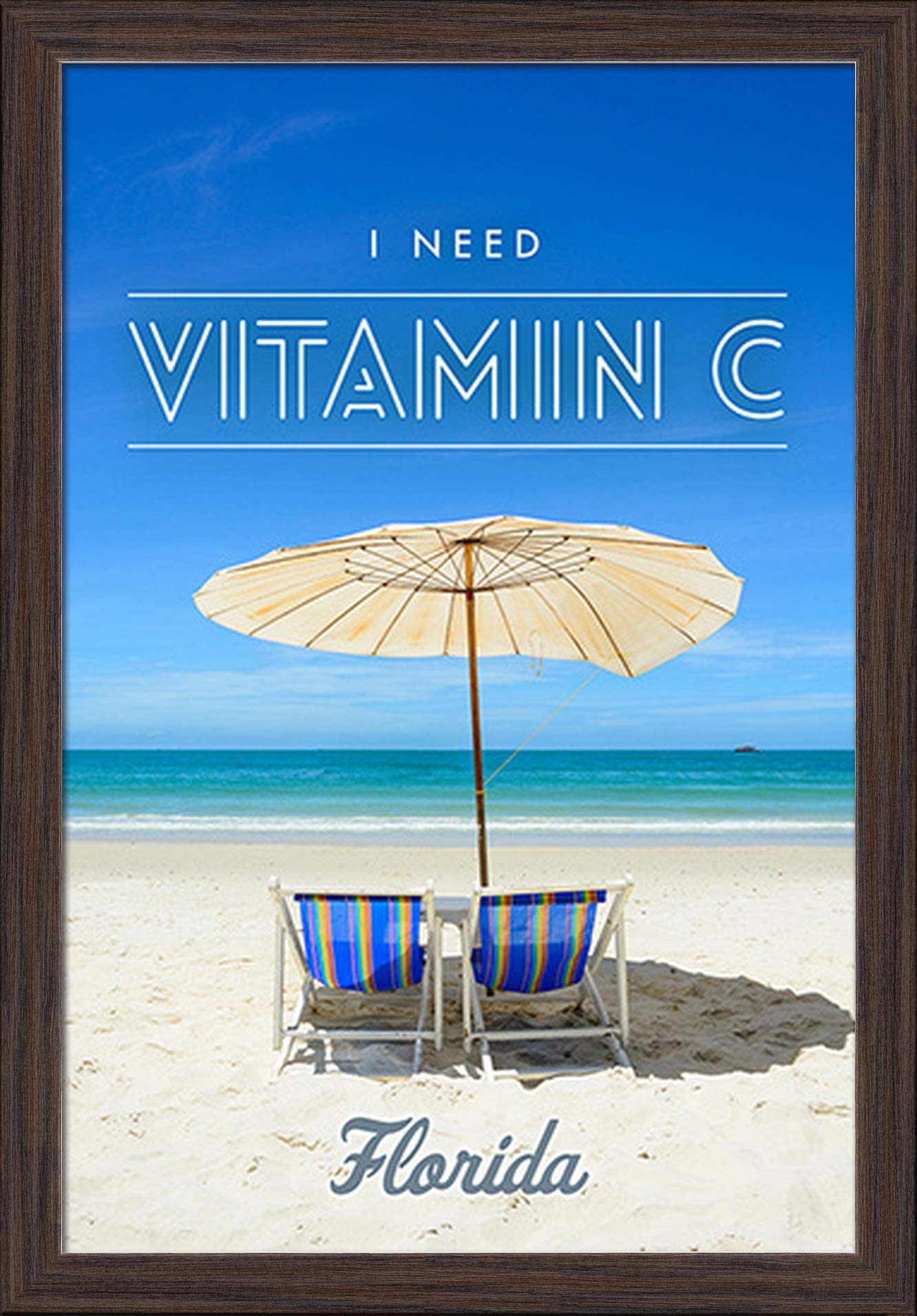 Florida Vitamin C Beach Chairs & Umbrella - 16x24 Giclee Fine Art Print with Recycled Wood Frame in Espresso Brown - Perfect for Coastal Home Decor and Beach House Wall Art