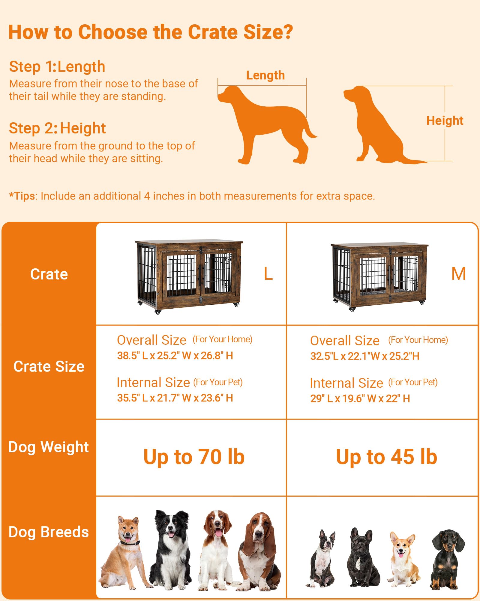 Rustic Brown Large Wooden Dog Crate Furniture with Cushion - 38.5