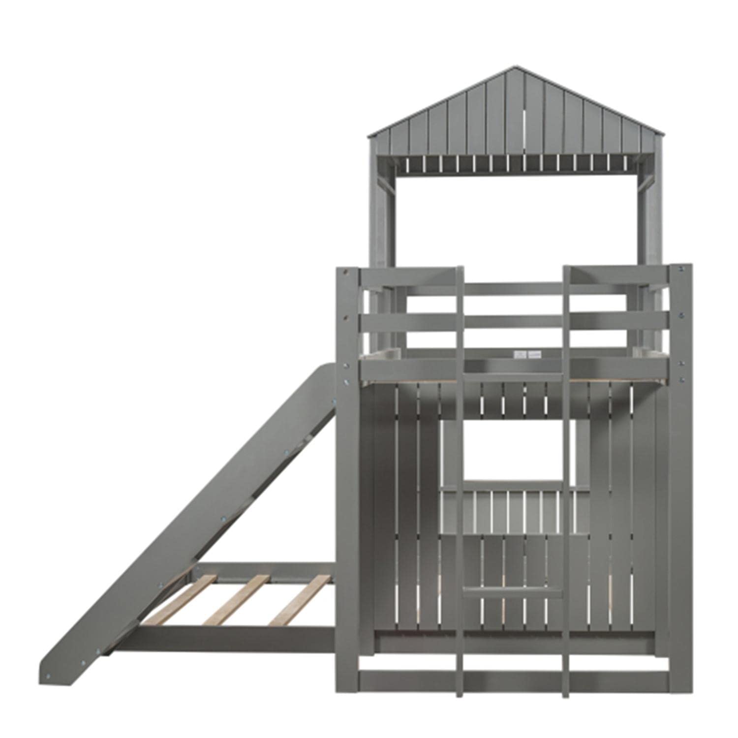 Twin Over Full Bunk Bed with Slide, Ladder & Guardrail - House-Shaped Loft Bed with Roof & Windows for Teens, Boys & Girls (Gray) - Perfect for Kids' Bedrooms, Playrooms & Space-Saving Solutions