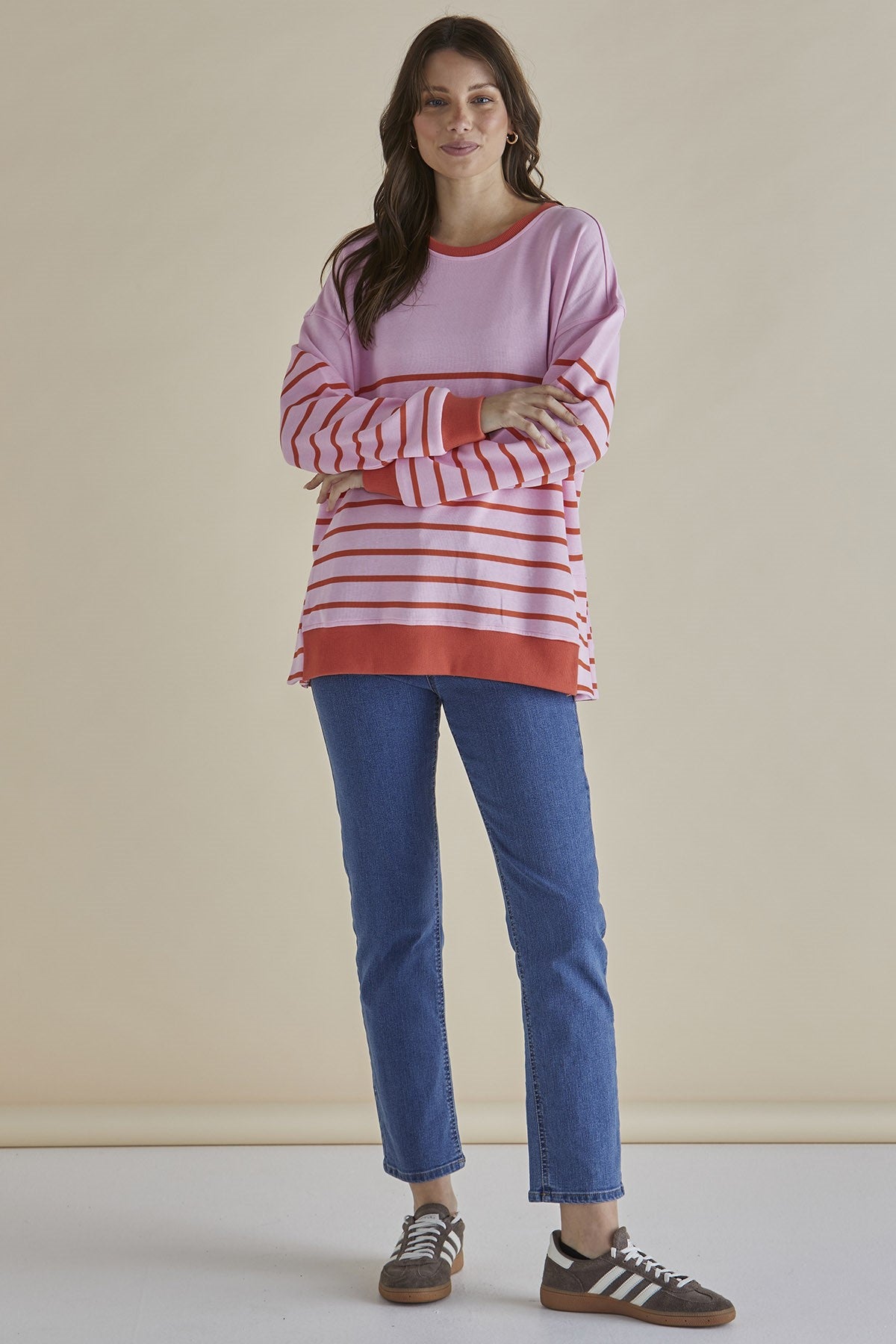 Betty Basics Easy Crew Sweat Women's Casual Pullover Sweatshirt - Pink & Orange Striped for Gym, Lounge & Everyday Wear