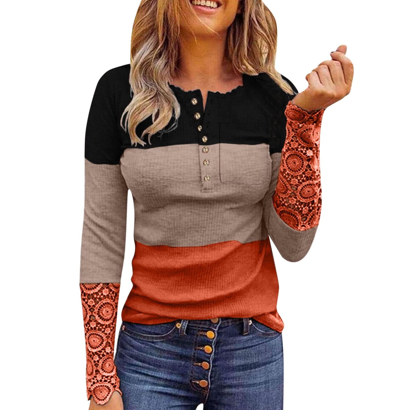 Women's Long Sleeve Lace V-Neck Button Down Henley Blouse - Elegant White Tunic Top for Casual & Office Wear - Plus Size Flowy Shirt for Women