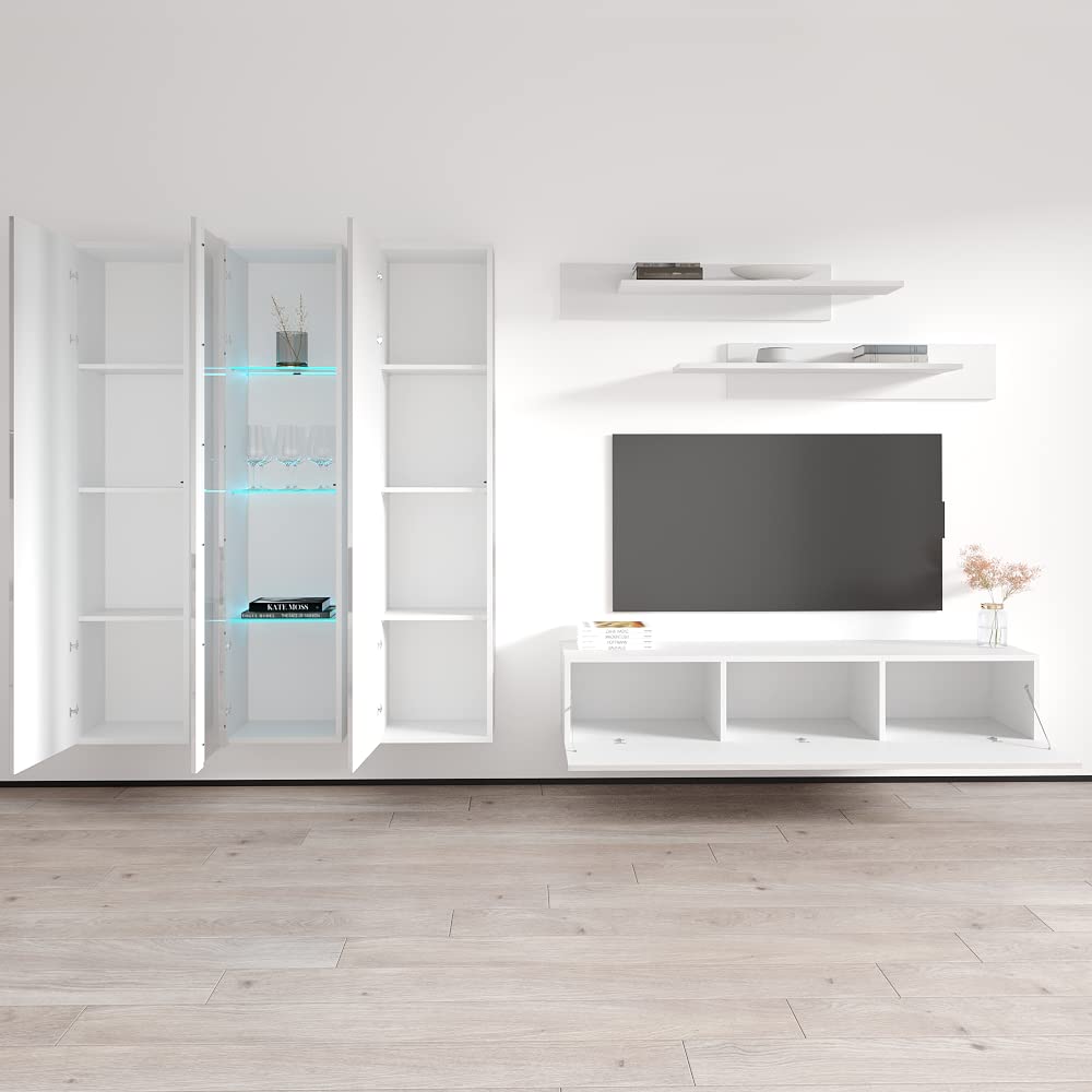 Modern White Floating TV Stand with Storage & LED Lights - Wall-Mounted Entertainment Center for Bedroom & Living Room - Space-Saving TV Console with Shelves for Gaming & Home Theater Setup