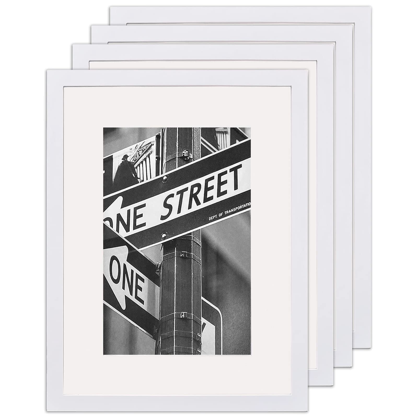 The Display Guys - 4-Pack Minimalist White Wooden Picture Frames with Tempered Glass - 12x16 Mat to 8x12 - Wall Mount Photo Display for Home, Office & Gallery Decor