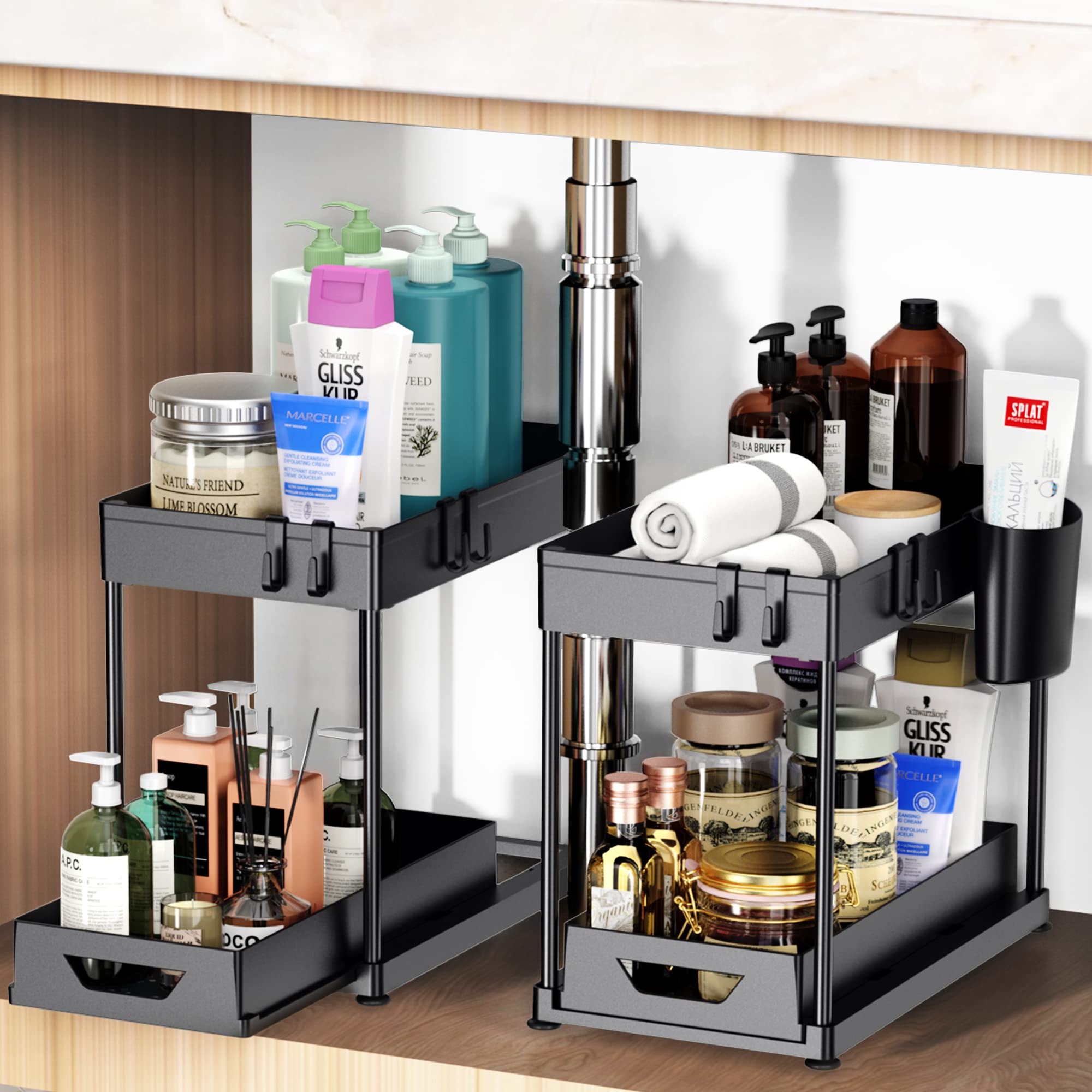 2-Pack Under Sink Organizer with Hooks & Sliding Drawers - 2-Tier Cabinet Storage Shelf for Kitchen & Bathroom - Black | Space-Saving Solution for Cleaning Supplies & Toiletries Organization