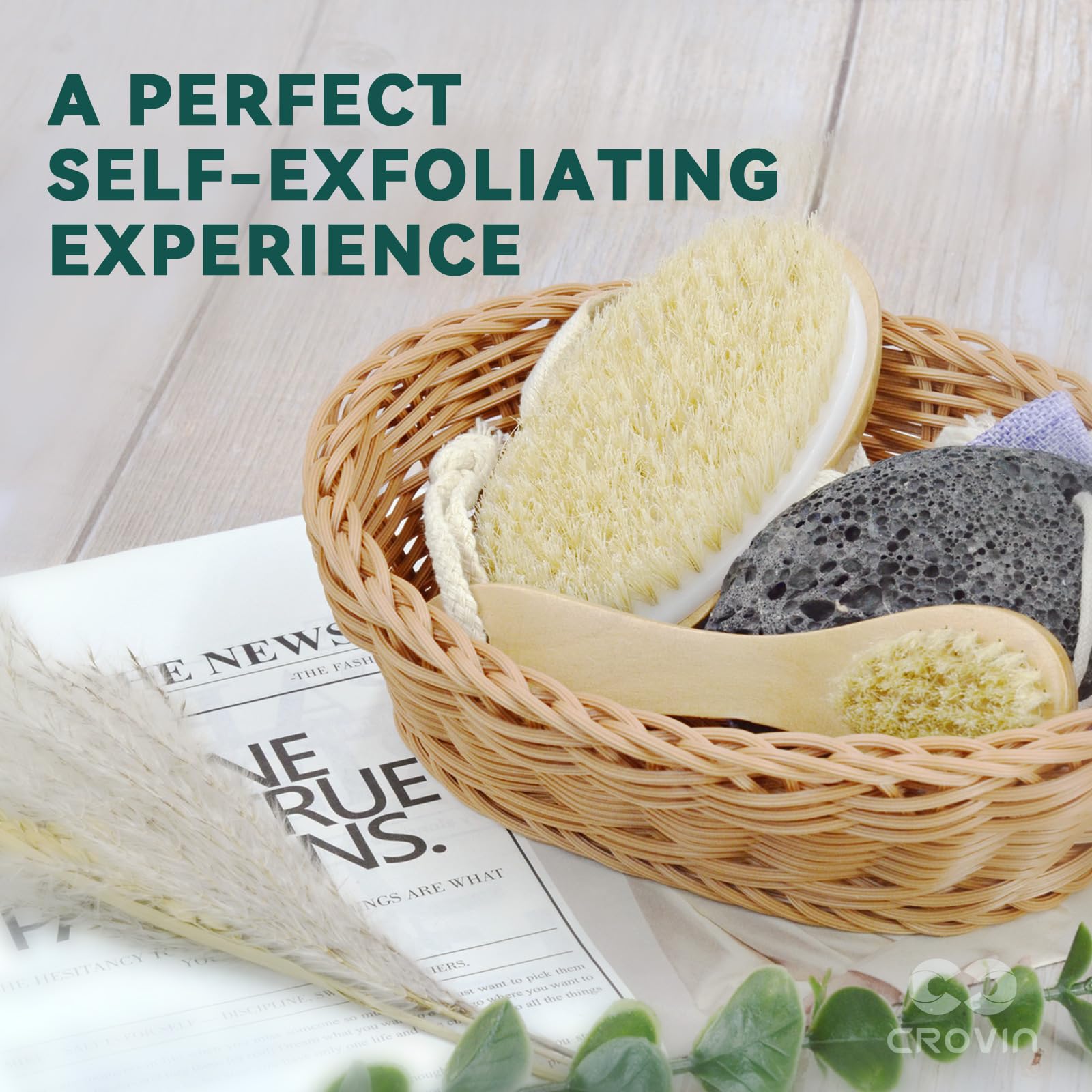 Natural Boar Bristle Dry Body Brush for Exfoliation & Cellulite - Spa Quality Bath Brush Set with Loofah, Face Brush & Pumice Stone - Perfect for Dry Brushing, Shower Exfoliation & Self-Care Routine (5-Piece Set)