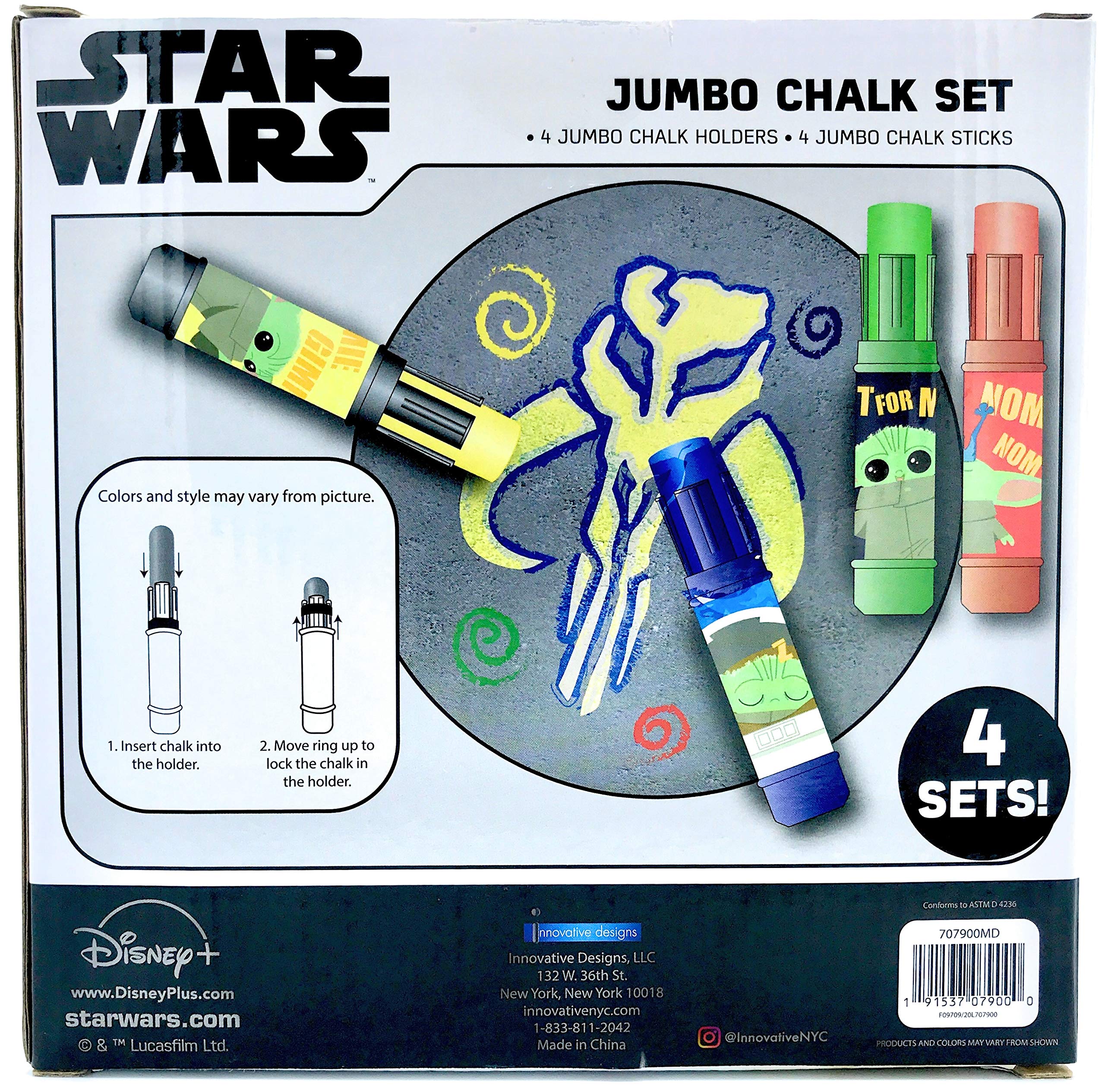 Star Wars The Mandalorian Baby Yoda 4-Piece Jumbo Chalk Set with 4 Holders & 4 Colors (Red, Green, Yellow, Blue) - Fun Outdoor Sidewalk Drawing for Kids