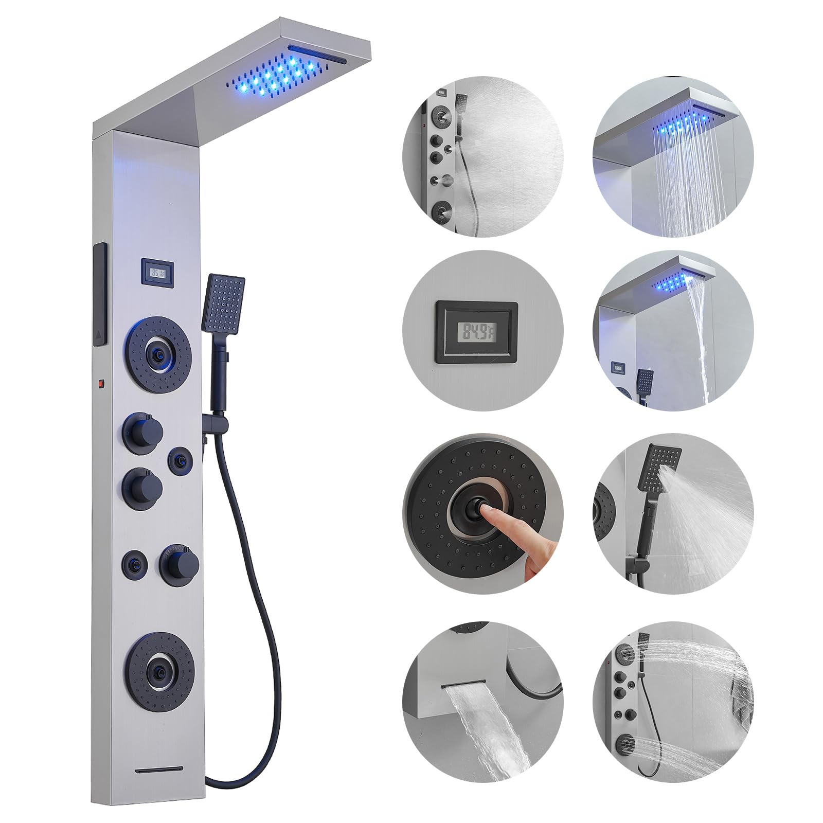 BWE Stainless Steel Shower Panel Tower System with LED Rainfall Shower Head - 4 Massage Jets, 3-Function Handheld Shower & Waterfall Tub Spout - Wall Mounted Shower Panel with Temperature Display - Perfect for Luxury Bathroom Renovation & Spa-Like Shower Experience