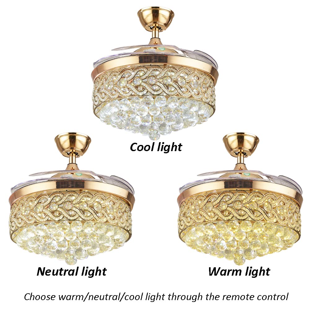 42 Inch Gold Crystal Ceiling Fan with LED Lights & Remote Control - Retractable Blades, 3 Speed Settings, 3 Color Temperatures - Elegant Chandelier Fan for Living Room, Bedroom & Dining Room