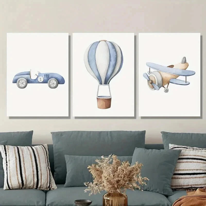 3-Piece Cartoon Vehicles Wall Art Set - Cars & Hot Air Balloons Framed Canvas 50x70cm | High Quality Print | 100% Australian Made | Ready to Hang | Perfect for Kids' Room, Nursery & Playroom Decor