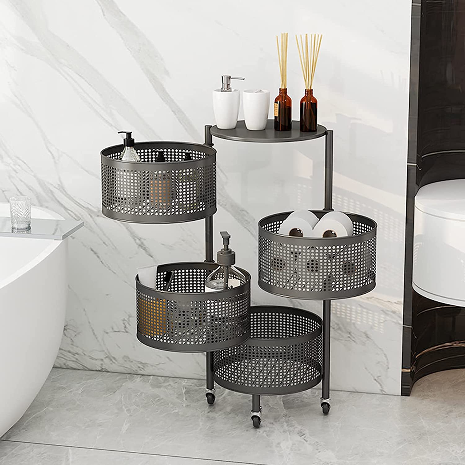 360° Rotating Floor-to-Ceiling Kitchen Storage Basket - 3/4/5 Tier Adjustable Fruit & Vegetable Organizer with Universal Wheels for Pantry, Supermarket, or Home Use