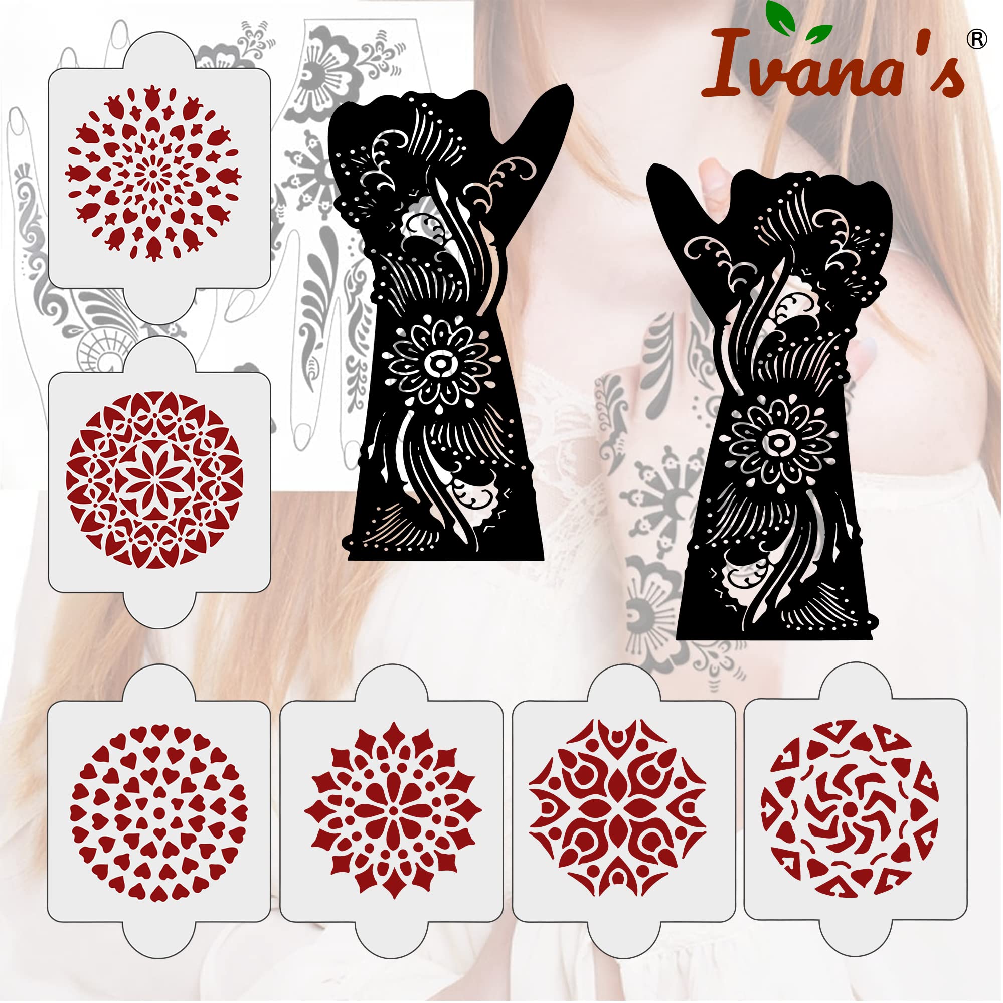 8 Pcs Henna Stencil Kit - 2 Henna Tattoo Stencils + 6 Reusable PVC Mehandi Templates | Easy Apply Temporary Body Art for Women, Girls & Kids | Perfect for Weddings, Festivals & DIY Home Decor