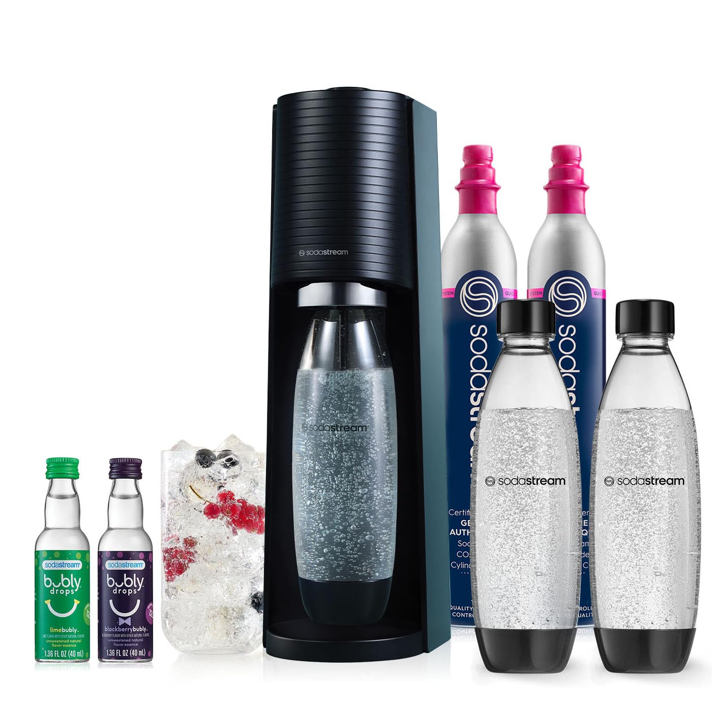 SodaStream Terra Sparkling Water Maker Kit - Black | Includes CO2 Cylinder, 2 DWS Bottles & Bubly Flavor Drops | Make Carbonated Drinks at Home for Parties, Office or Healthy Hydration