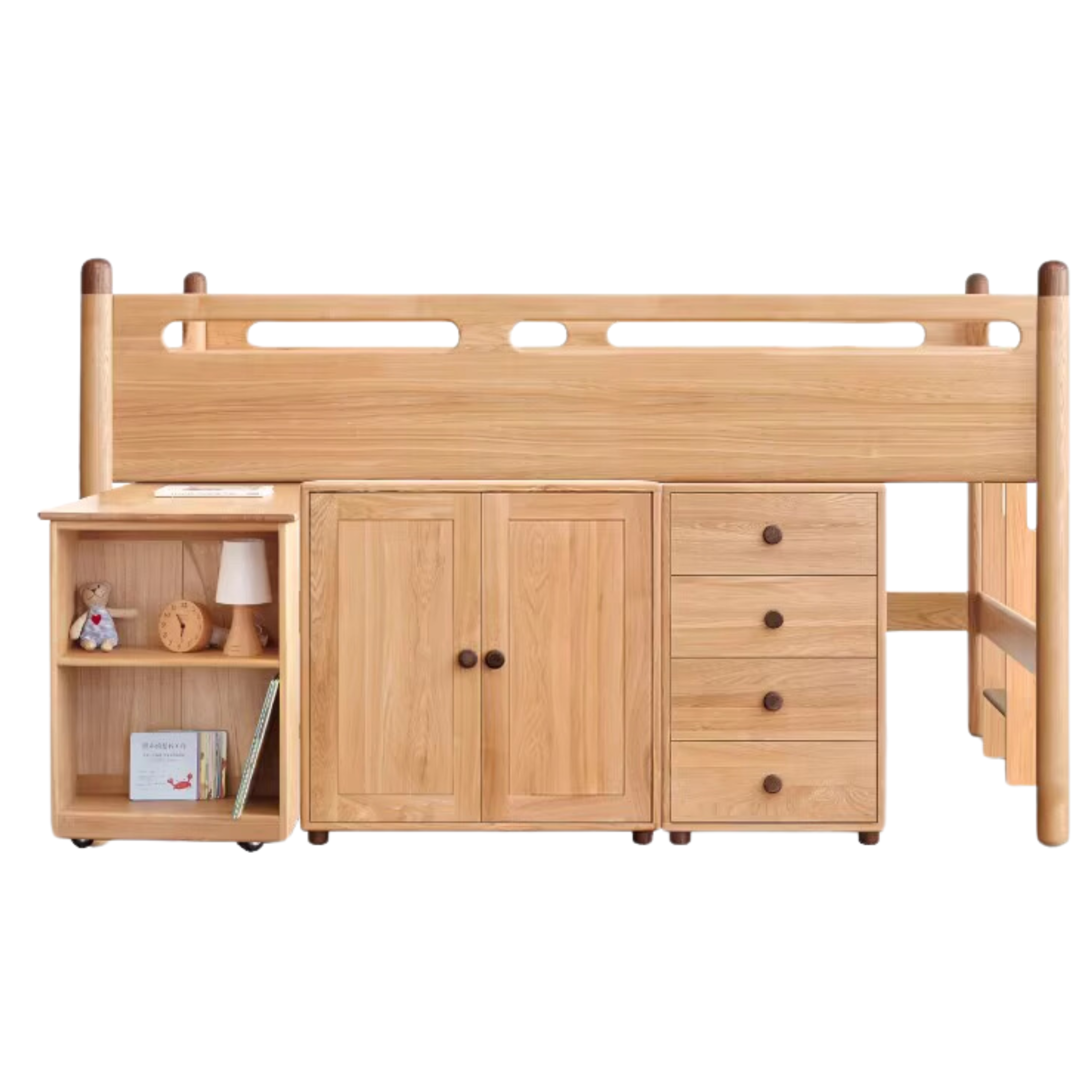 Solid Oak Wood Mid-High Bed with Slanted Ladder - Sturdy Adult Loft Bed for Small Spaces, Dorm Rooms & Modern Apartments