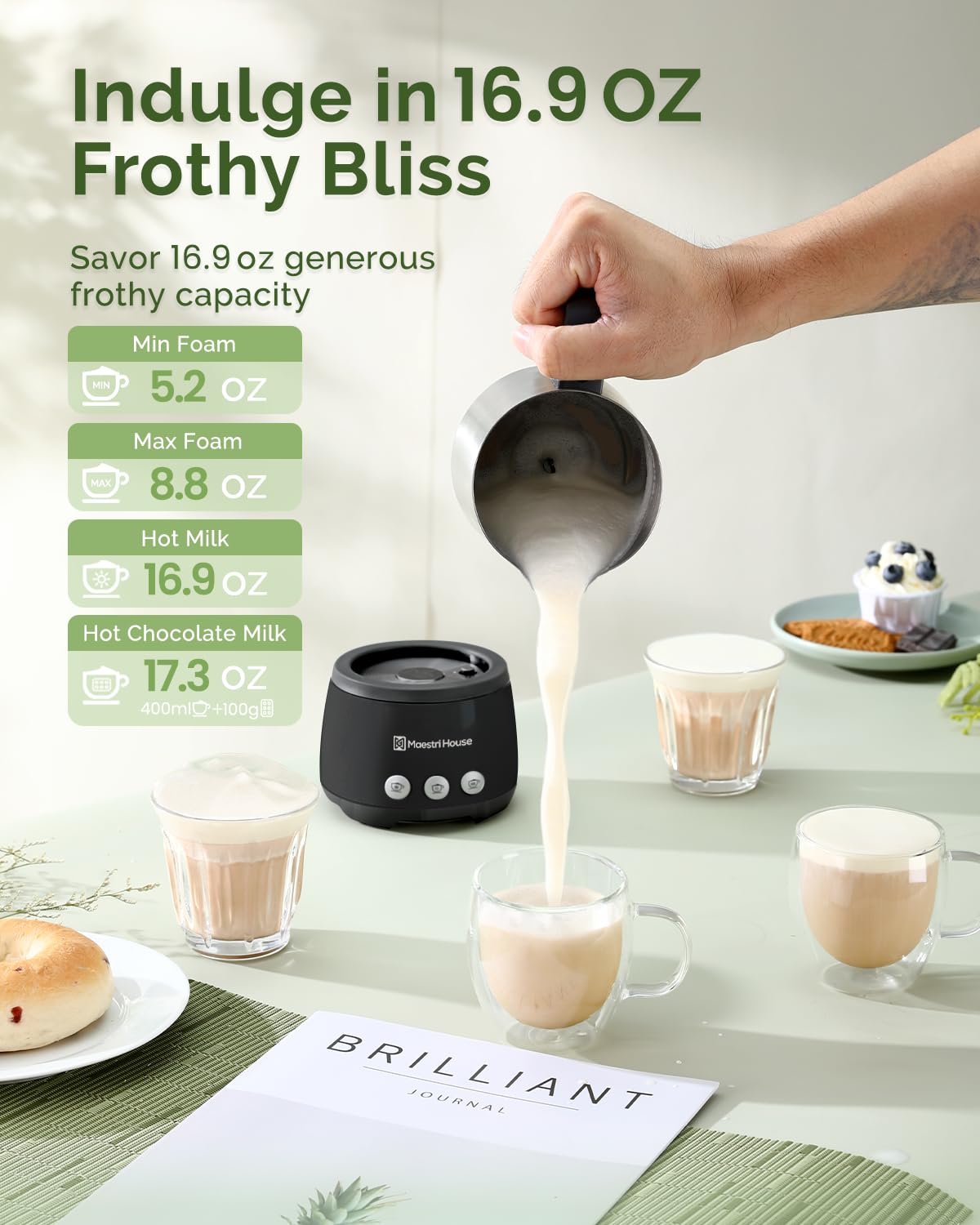 Maestri House 4-in-1 Electric Milk Frother and Steamer - 600W Smart Touch Control with Memory Function - 16.9OZ Hot & Cold Foam Maker for Latte, Cappuccino, Hot Chocolate - Perfect for Coffee Shops, Home Kitchen, and Office Use