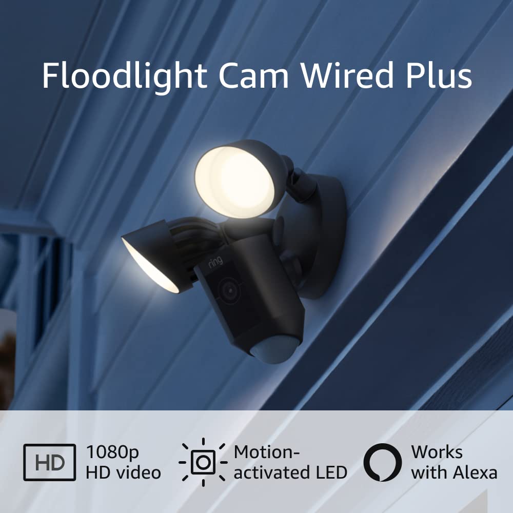 Ring Floodlight Cam Wired Plus - Motion-Activated 1080p HD Security Camera with Two-Way Talk, Color Night Vision & Alexa Compatibility (Black, 2021 Model) - Perfect for Home Security, Garage & Backyard Surveillance