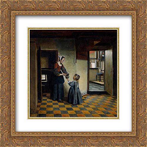 Pieter de Hooch 20x20 Gold Ornate Framed Art Print - Double Matted Dutch Pantry Scene with Woman & Child | Vintage Home Decor, Living Room Wall Art, Office Gallery Display