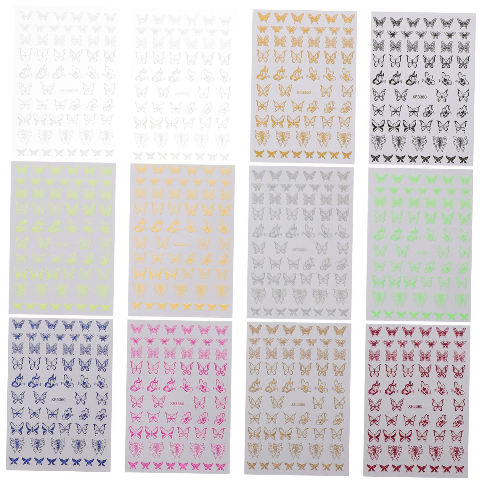 FRCOLOR Glitter Nail Art Stickers - 12 Sheets Butterfly Nail Decals for DIY Manicure, Party & Special Occasions | Self-Adhesive Nail Decorations for Women & Girls