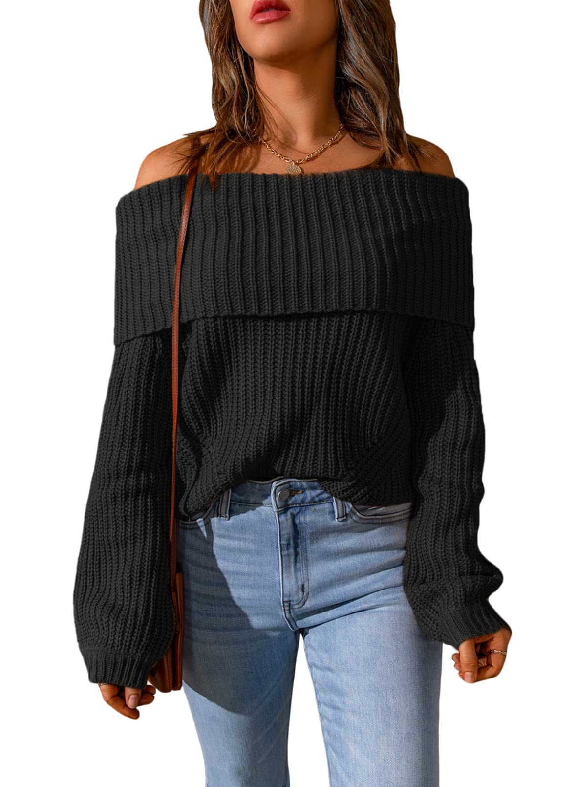 Women's Ribbed Knit Off-Shoulder Sweater - Cozy Pullover for Fall & Winter