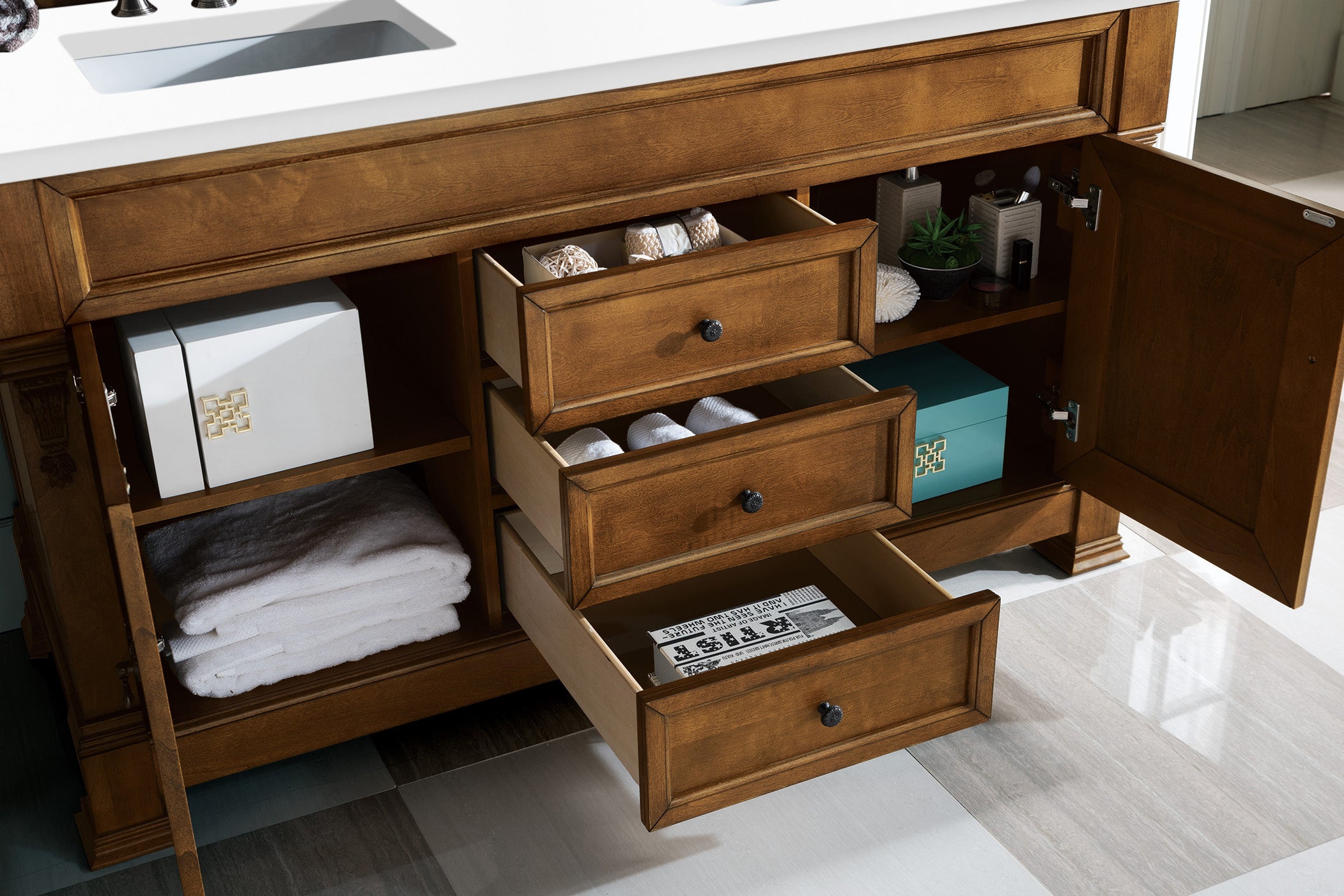 Brookfield 60-Inch Double Vanity with Country Oak Finish & 3CM Classic White Quartz Top – Perfect for Bathroom Renovation & Modern Home Decor