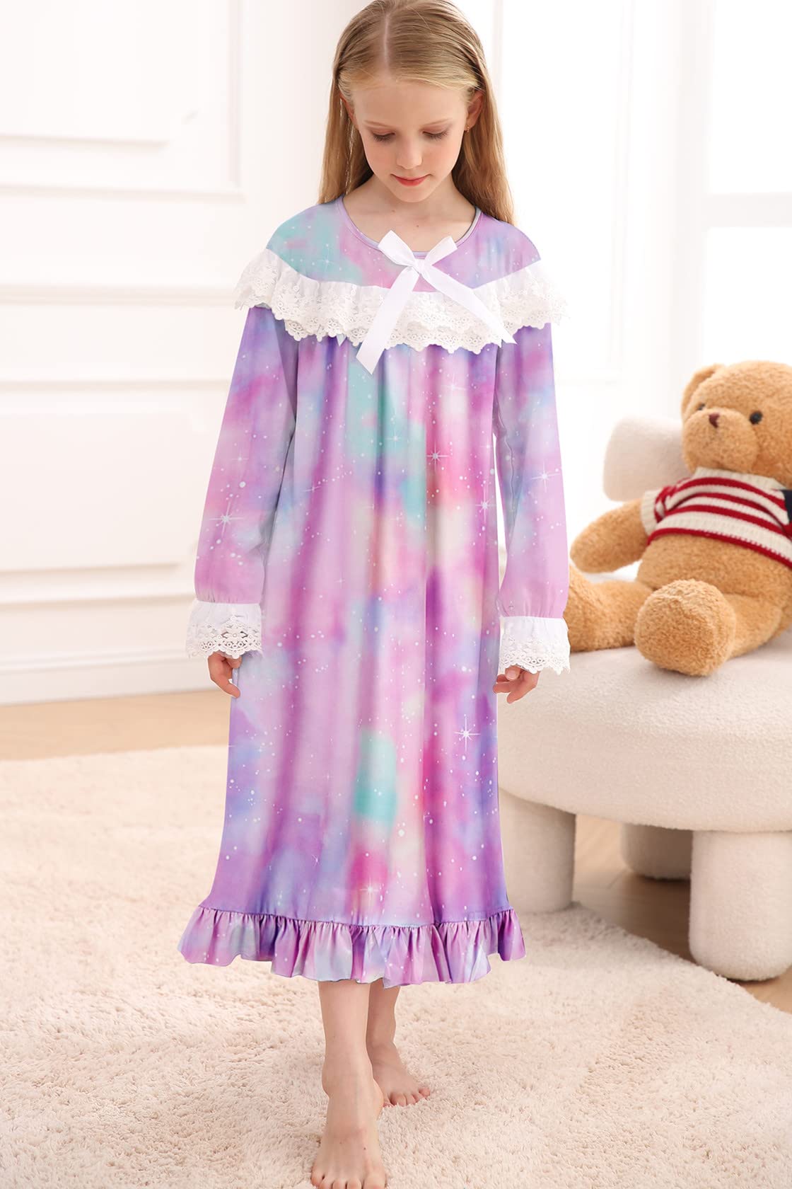 Lovekider Girls Christmas Nightgowns - Cute Lace Xmas Pajamas Dress Long Sleeve Princess Nightdress for Holiday Sleepwear (4-12 Years) | Perfect for Christmas Eve, Winter Sleepovers & Family Photos