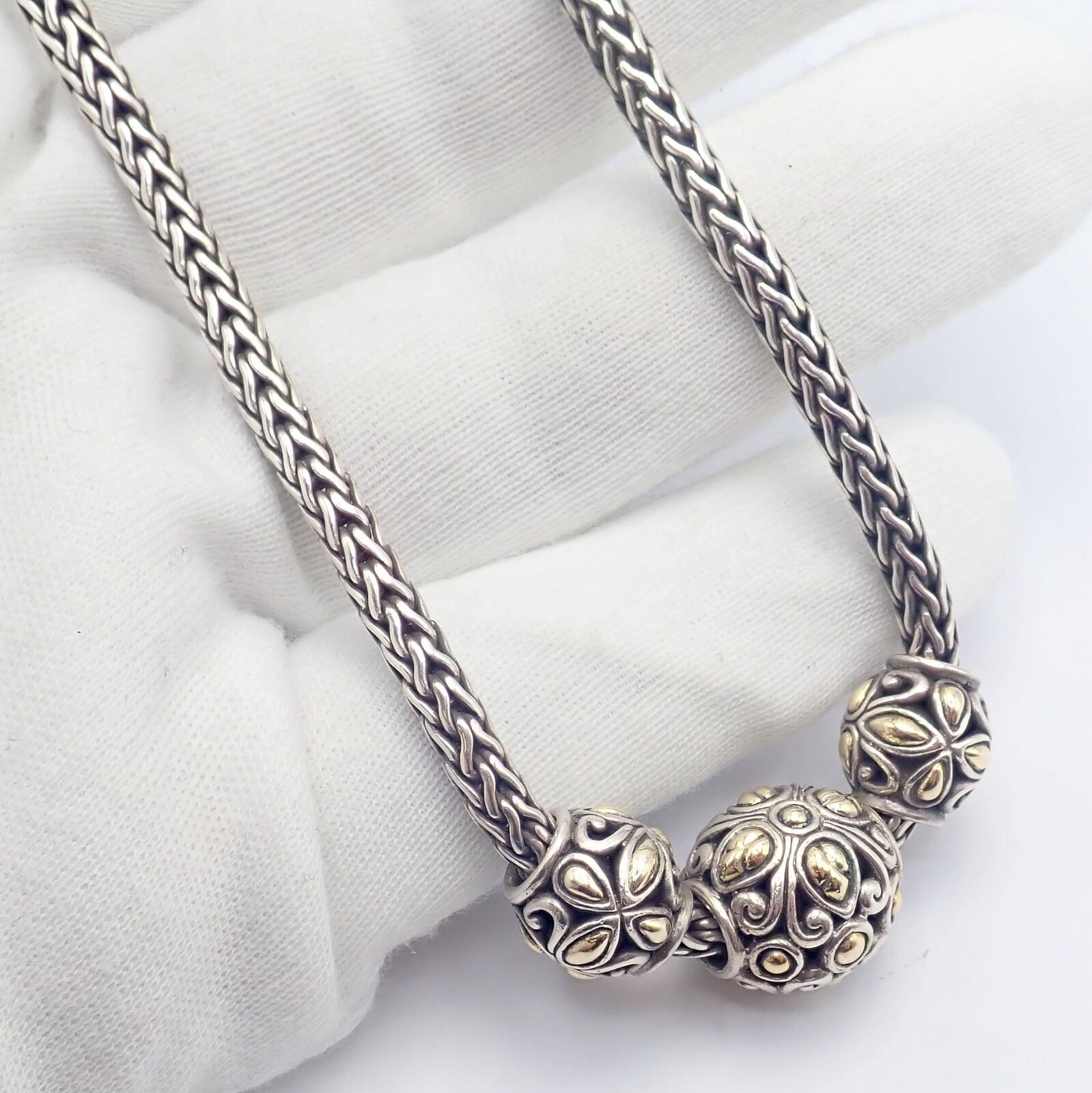 John Hardy JH Sterling Silver & 18k Yellow Gold Jaisalmer Classic Wheat Dot 3 Ball Necklace for Women | Elegant Layered Jewelry for Weddings, Parties & Special Occasions