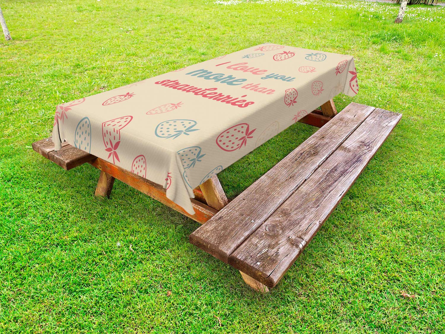 Ambesonne I Love You More Outdoor Tablecloth - Fun Words & Pastel Strawberry Print, Washable Picnic Table Cover 58x120 Inches, Sand Brown Slate Blue - Perfect for Romantic Picnics, Garden Parties & Outdoor Dining